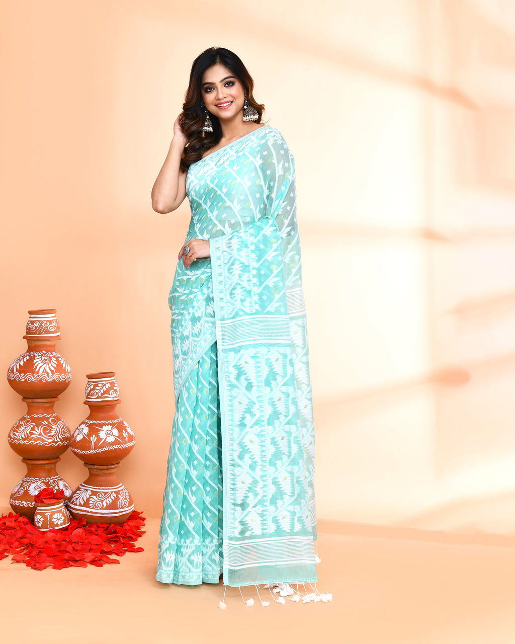Piyari Fashion Women's Light Turquoise Cotton Silk Jamdani Saree - Distacart