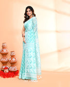 Piyari Fashion Women's Light Turquoise Cotton Silk Jamdani Saree - Distacart