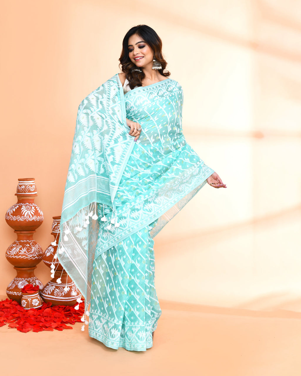 Piyari Fashion Women's Light Turquoise Cotton Silk Jamdani Saree - Distacart