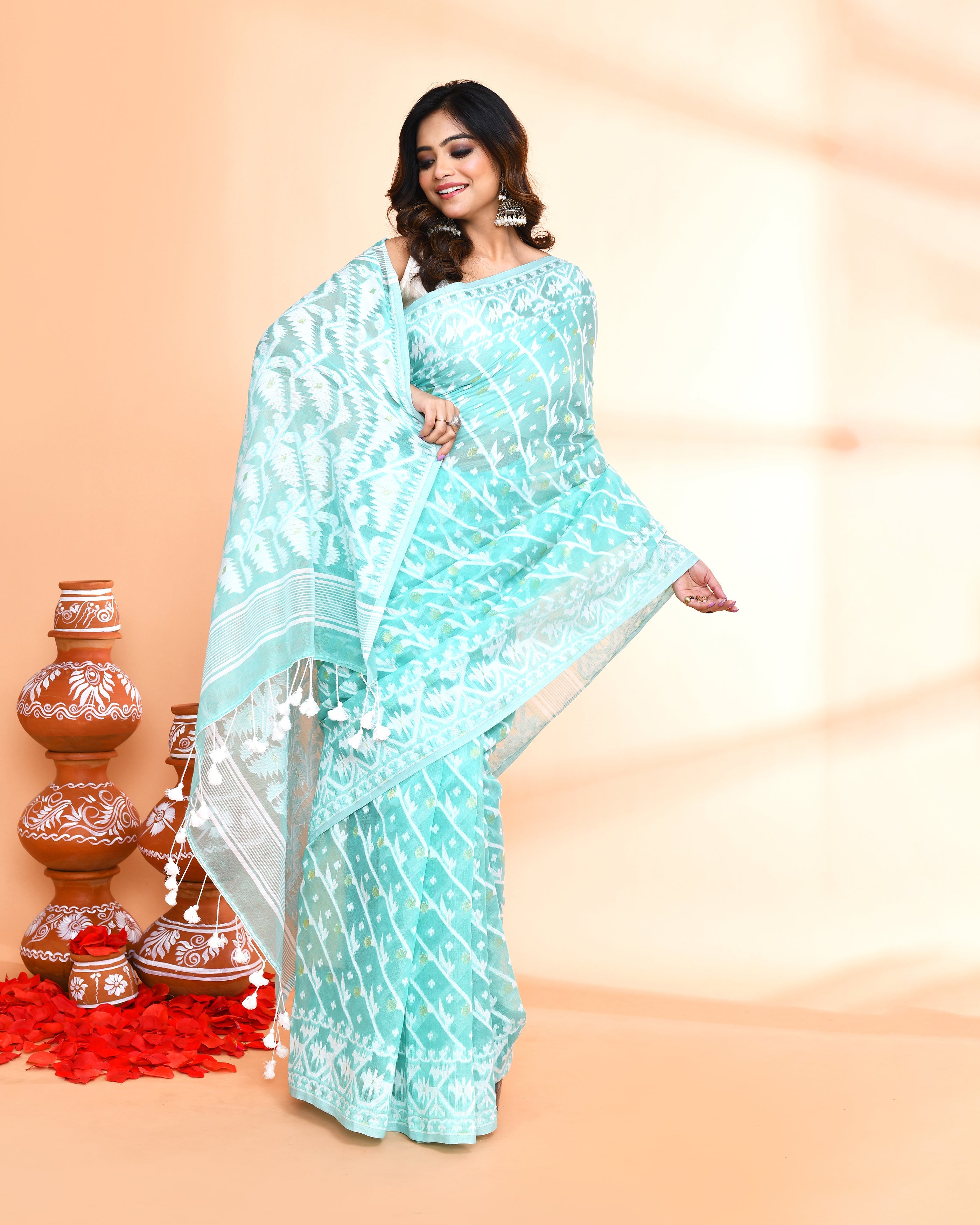 Piyari Fashion Women's Light Turquoise Cotton Silk Jamdani Saree - Distacart