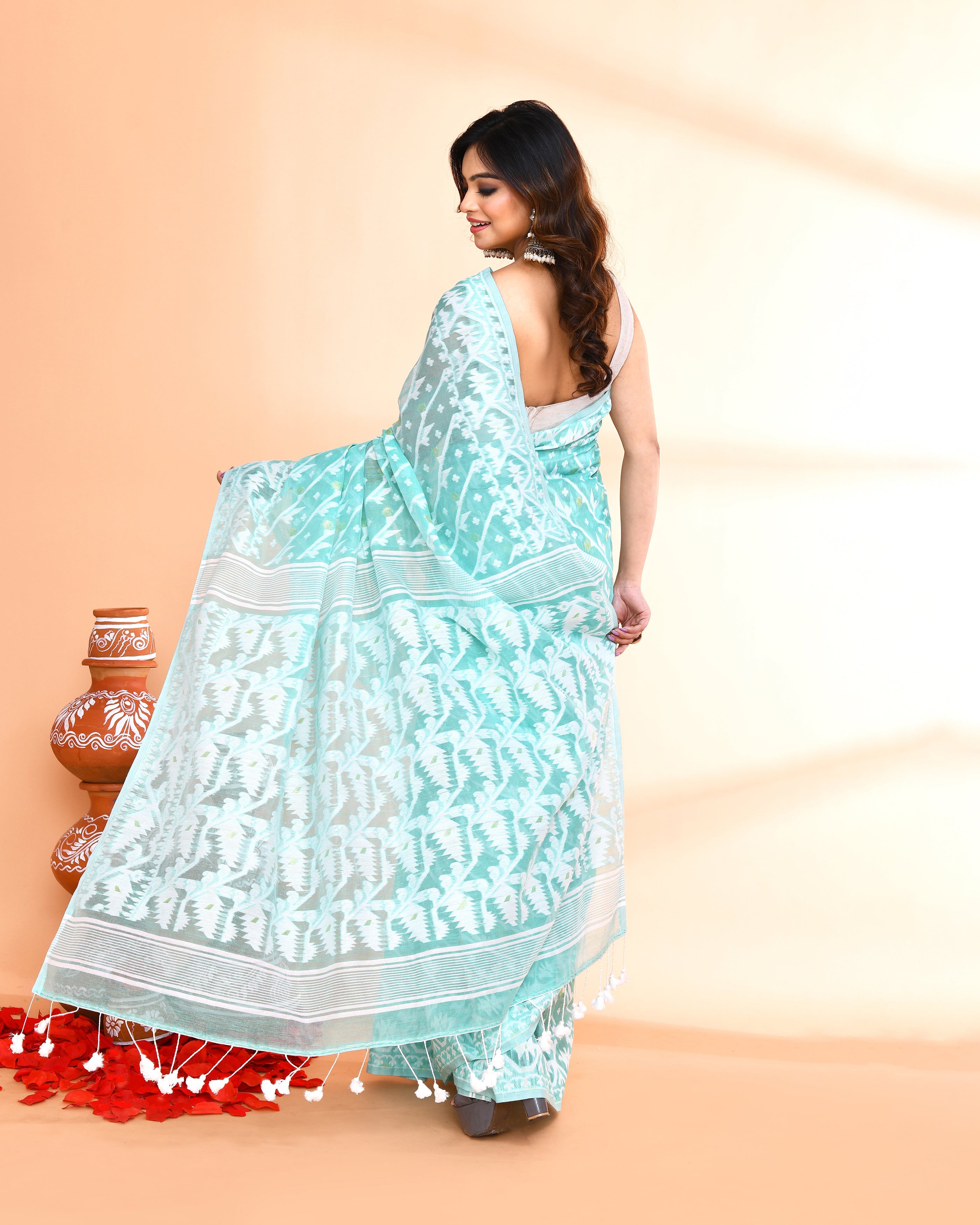 Piyari Fashion Women's Light Turquoise Cotton Silk Jamdani Saree - Distacart