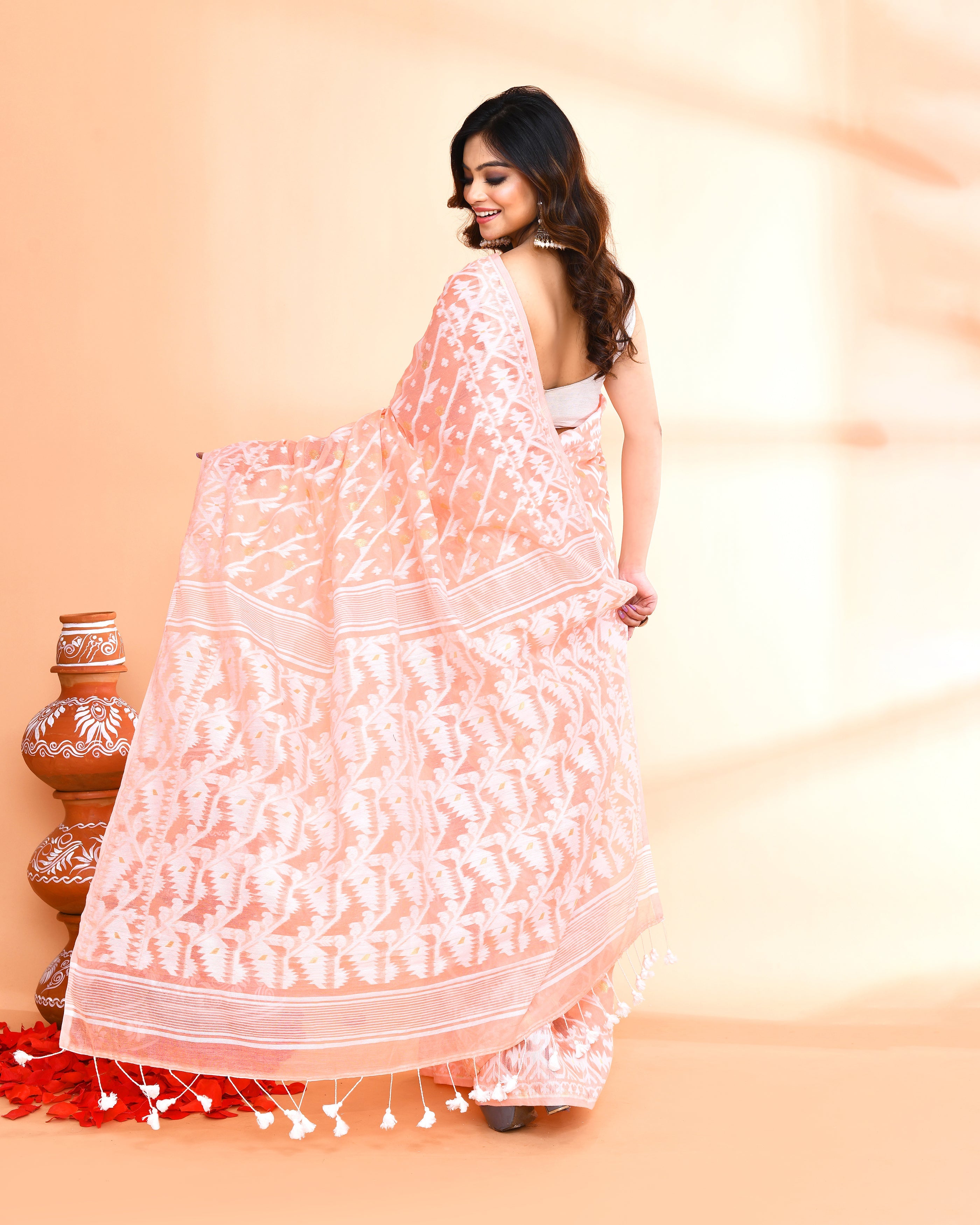 Piyari Fashion Women's Salmon Cotton Silk Jamdani Saree - Distacart