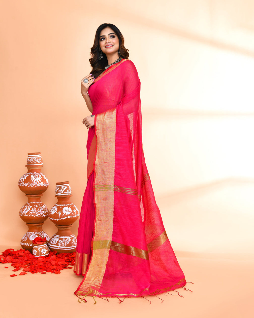 Piyari Fashion Women`s Cotton Silk Rani Pink Handloom Saree With Blouse - Distacart