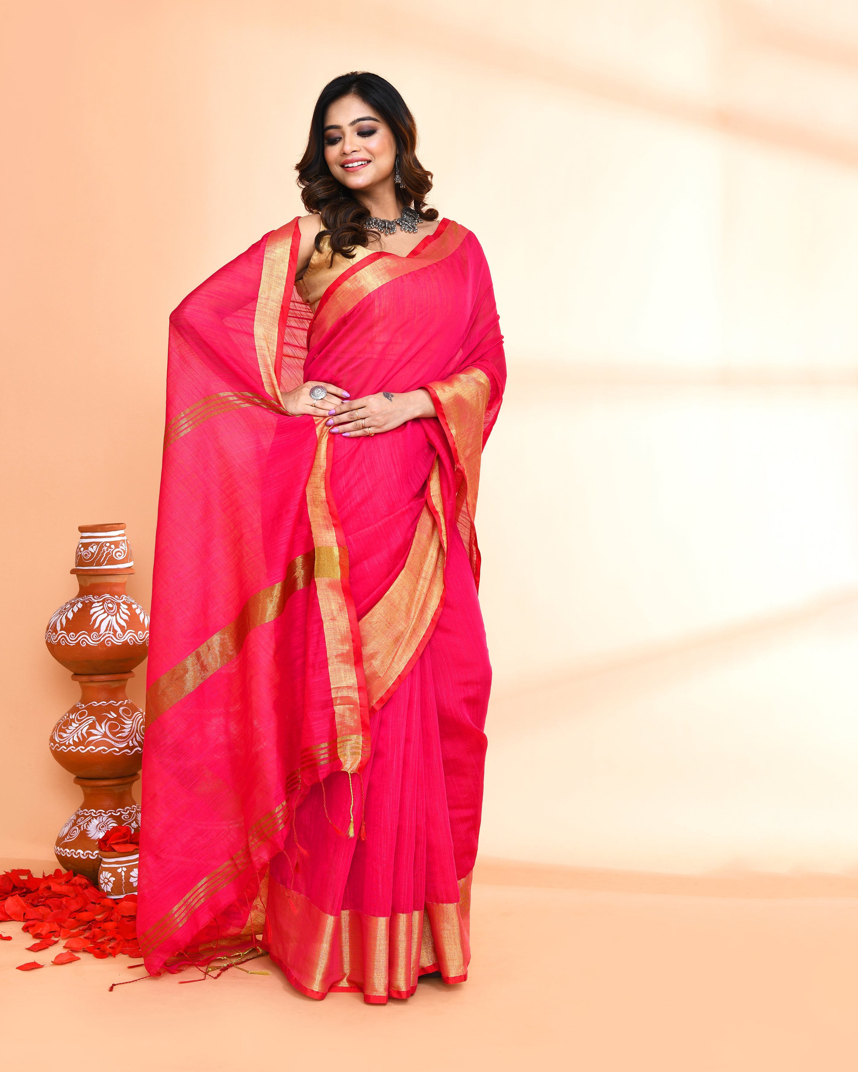 Piyari Fashion Women`s Cotton Silk Rani Pink Handloom Saree With Blouse - Distacart