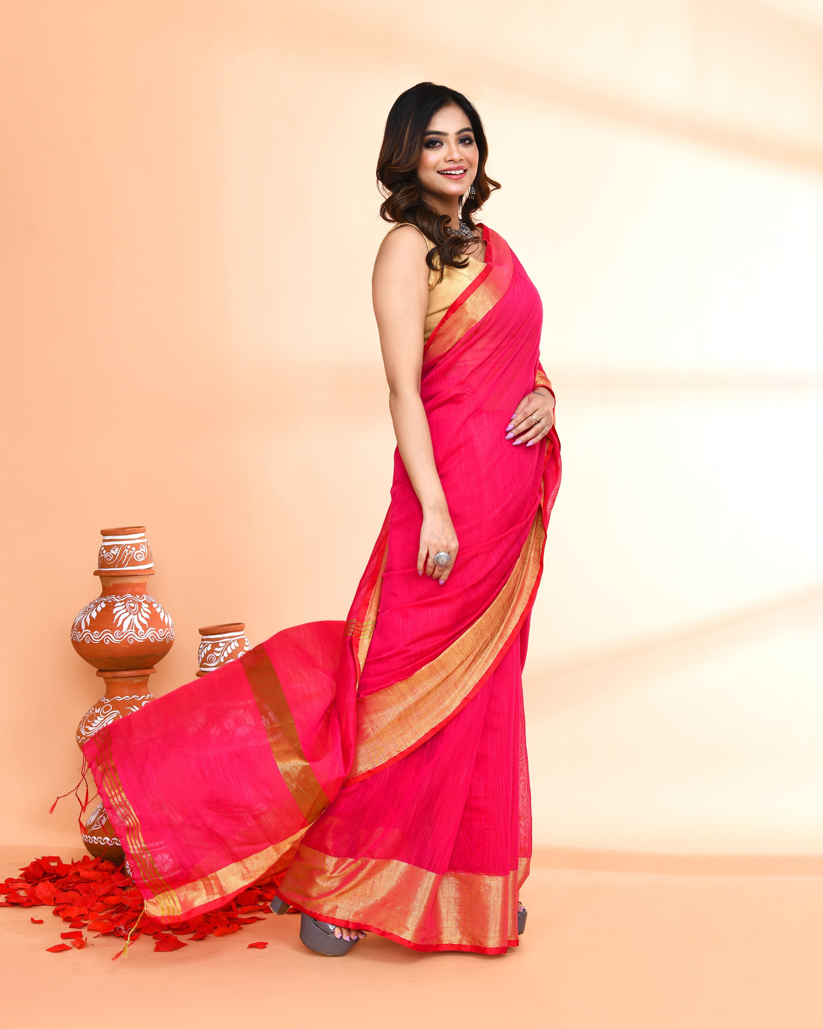 Piyari Fashion Women`s Cotton Silk Rani Pink Handloom Saree With Blouse - Distacart