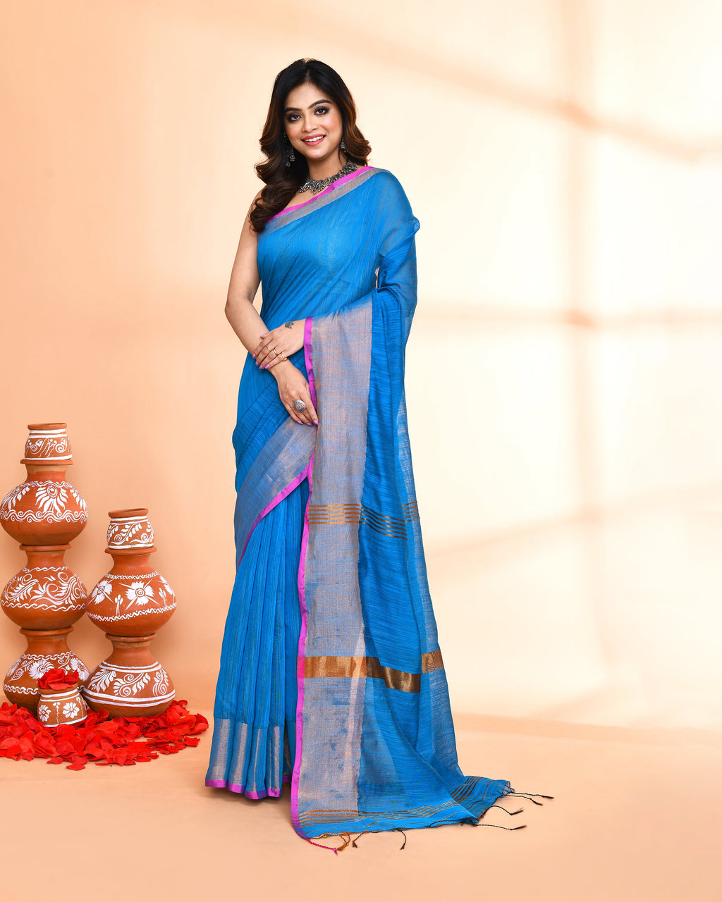 Piyari Fashion Women`s Cotton Silk Sky Blue Handloom Saree With Blouse - Distacart