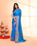 Piyari Fashion Women`s Cotton Silk Sky Blue Handloom Saree With Blouse - Distacart