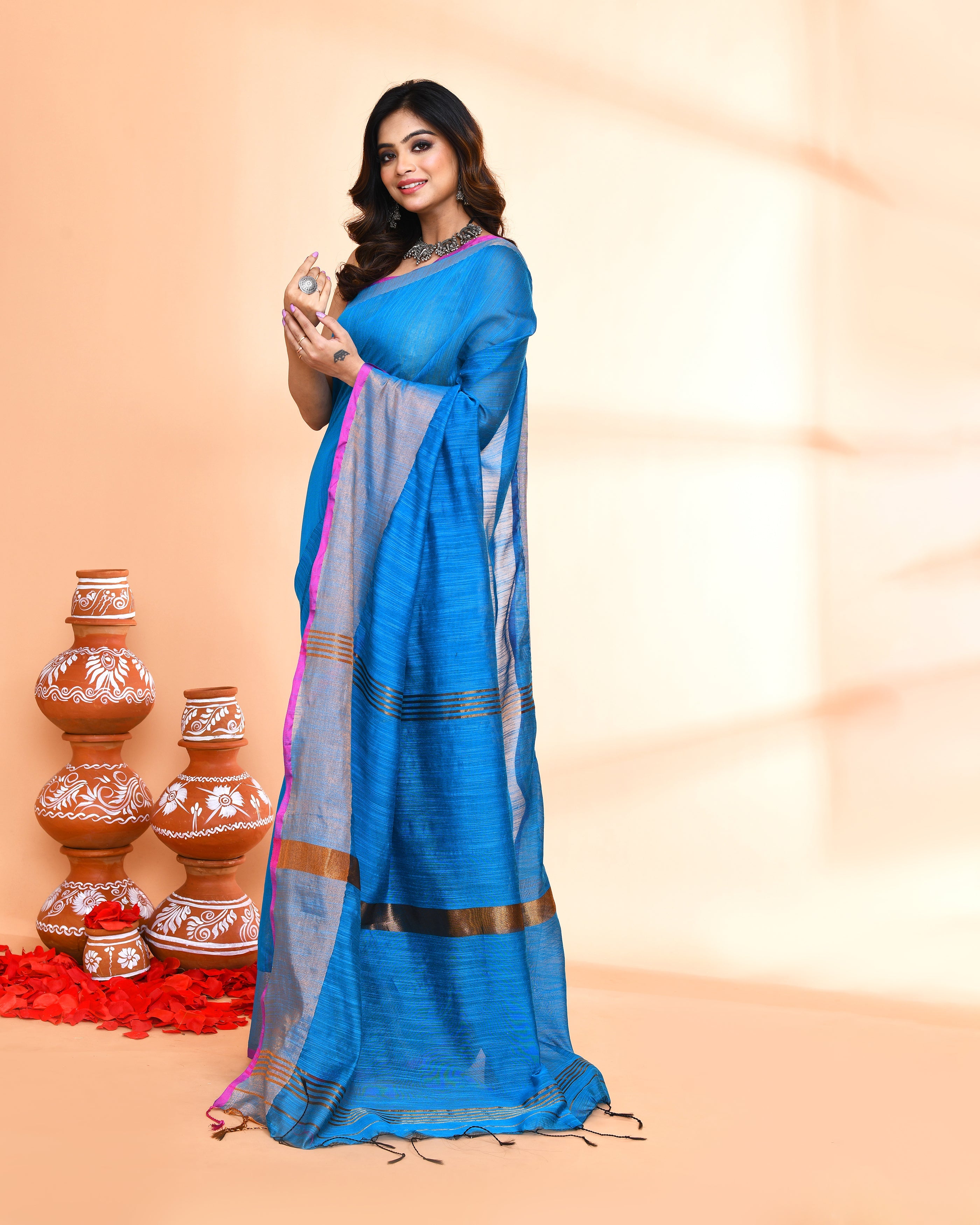 Piyari Fashion Women`s Cotton Silk Sky Blue Handloom Saree With Blouse - Distacart