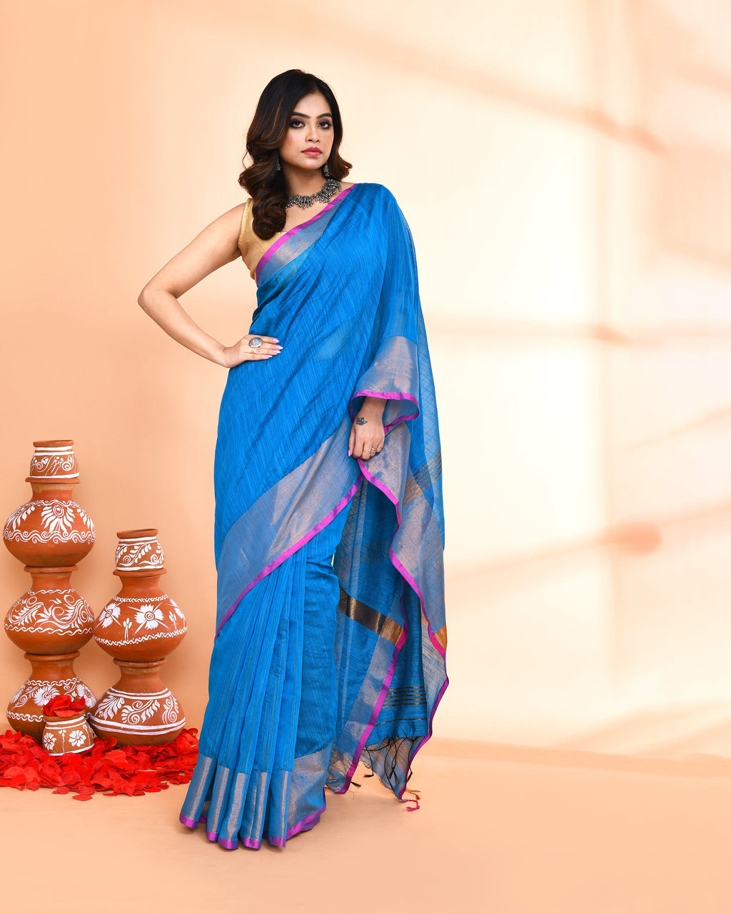 Piyari Fashion Women`s Cotton Silk Sky Blue Handloom Saree With Blouse - Distacart