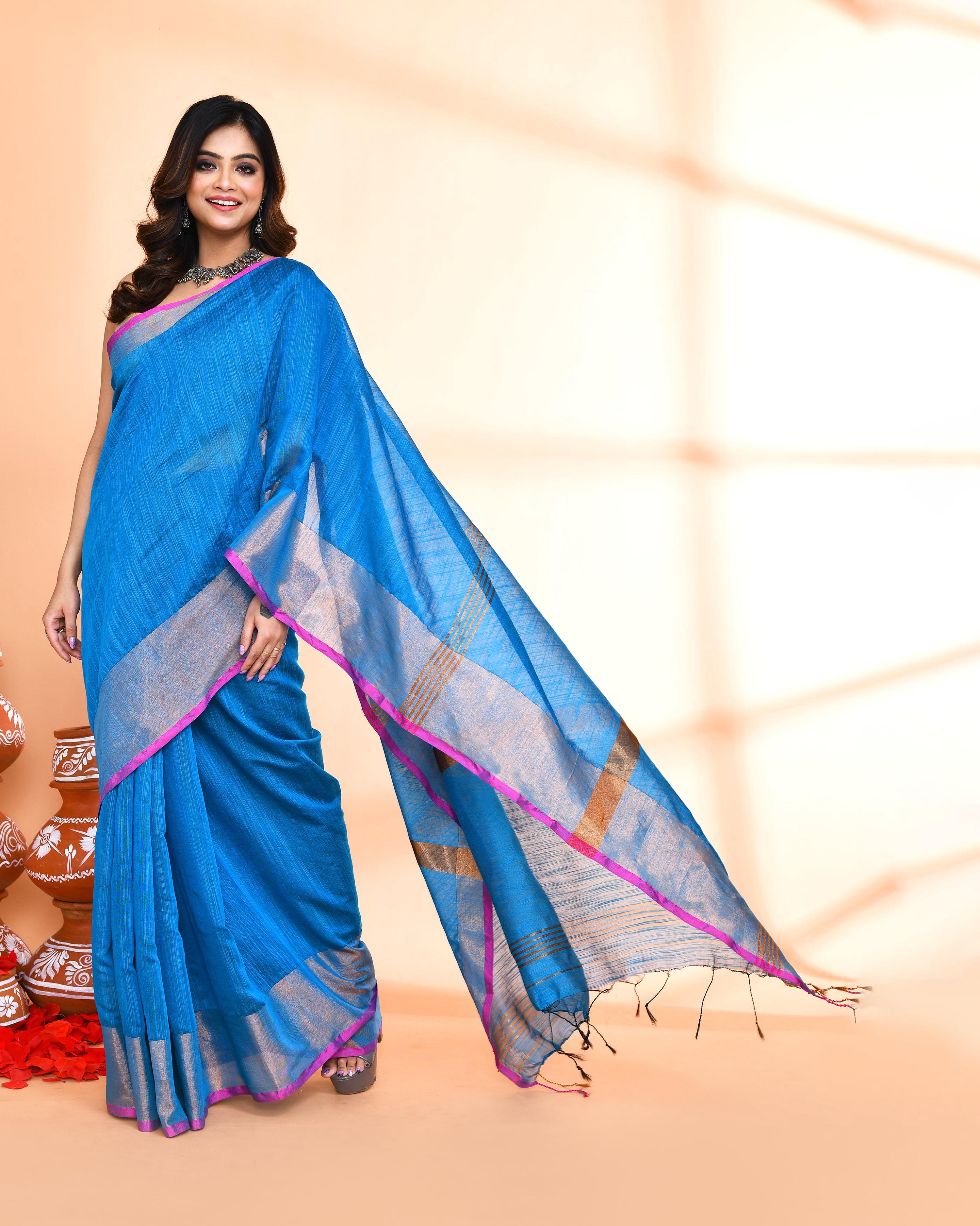 Piyari Fashion Women`s Cotton Silk Sky Blue Handloom Saree With Blouse - Distacart