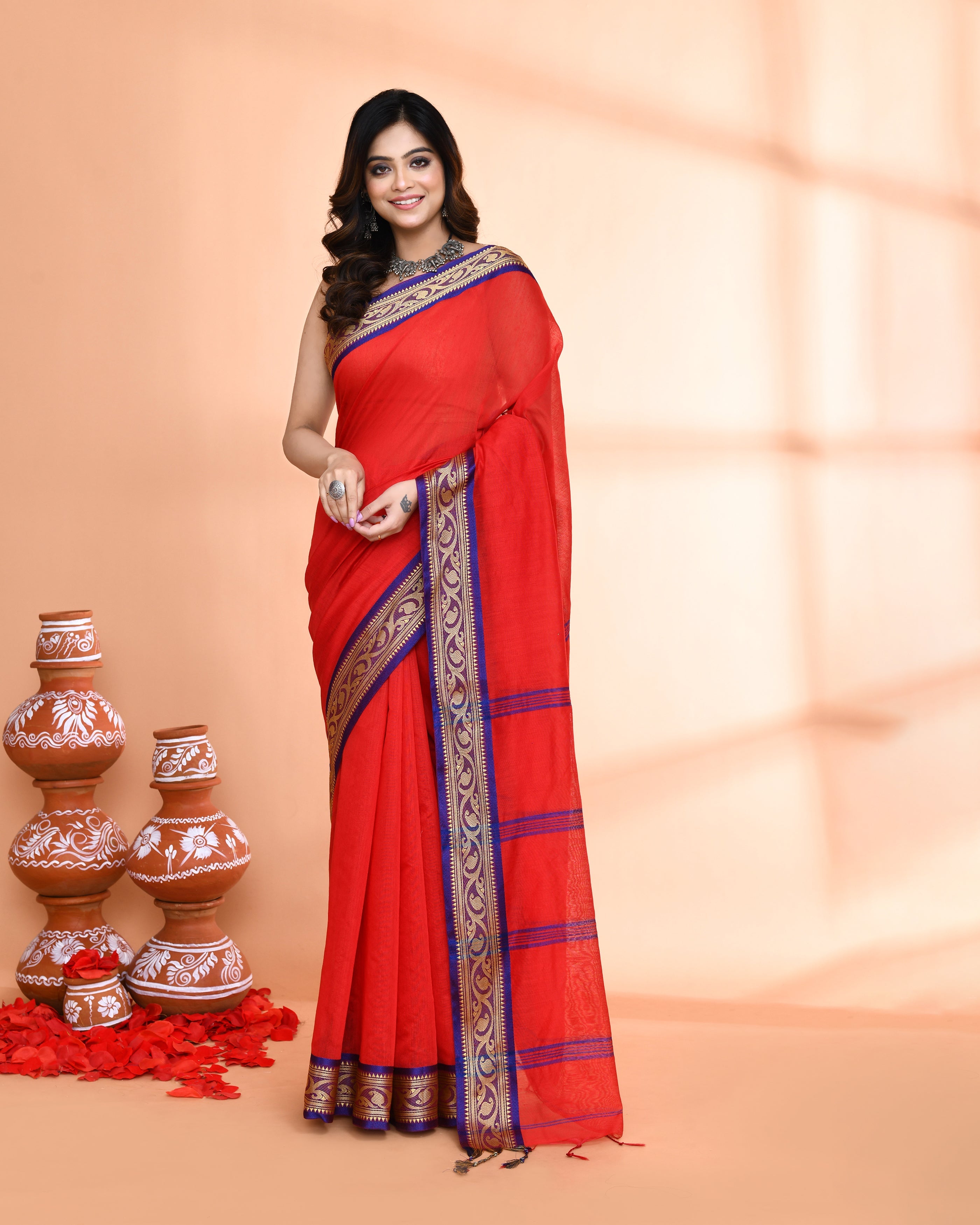 Piyari Fashion Women`s Cotton Silk Red Handloom Saree With Blouse - Distacart