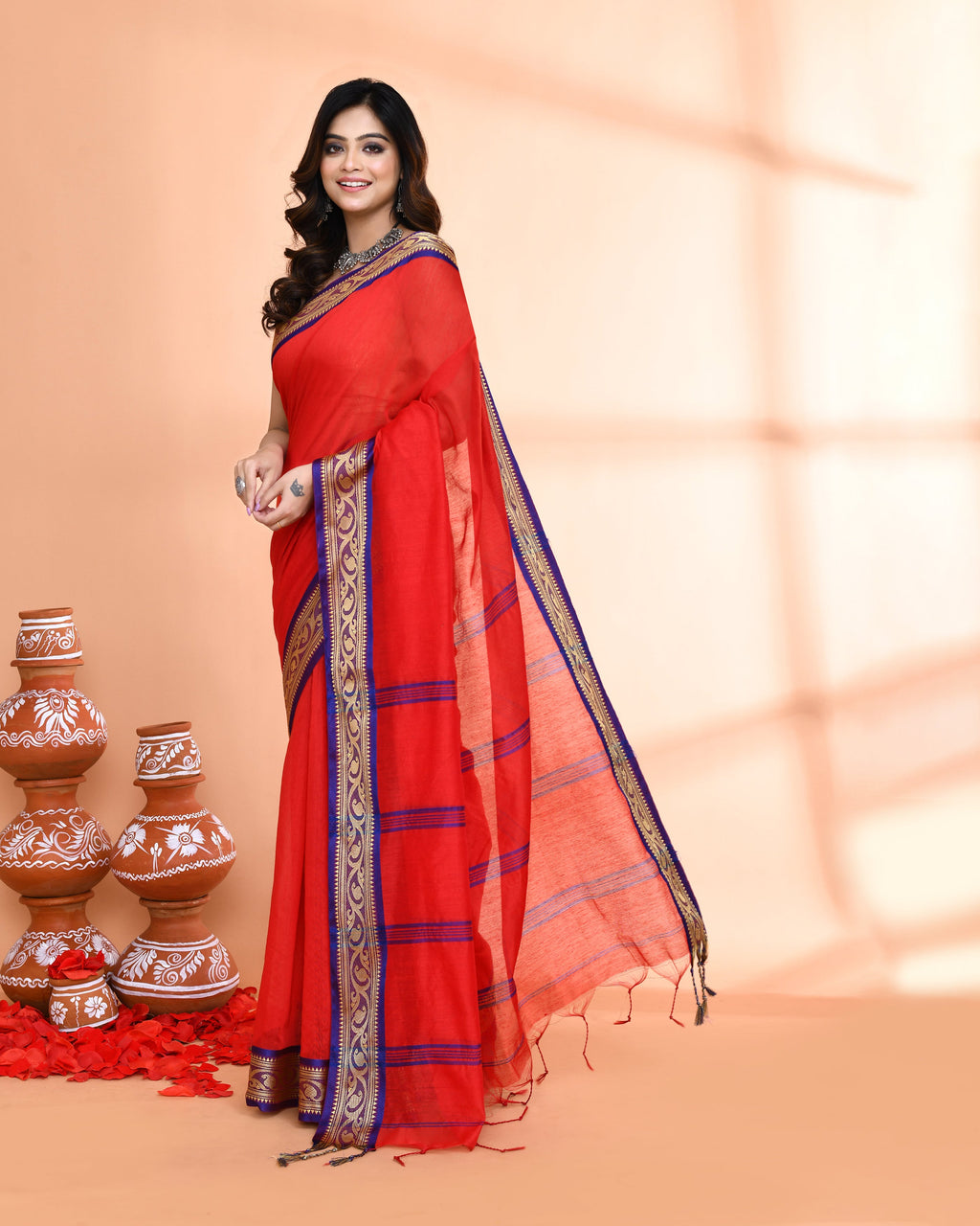 Piyari Fashion Women`s Cotton Silk Red Handloom Saree With Blouse - Distacart
