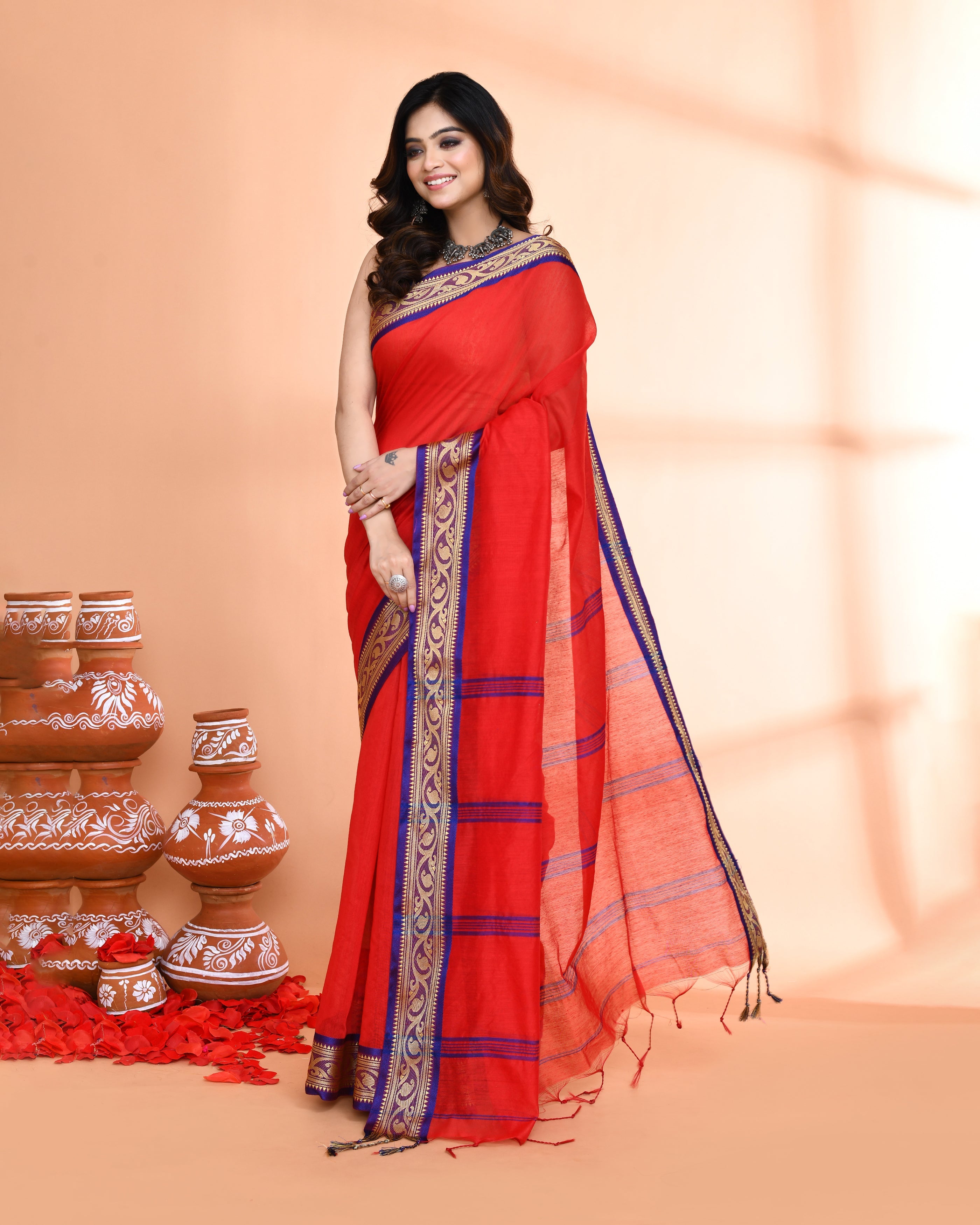 Piyari Fashion Women`s Cotton Silk Red Handloom Saree With Blouse - Distacart