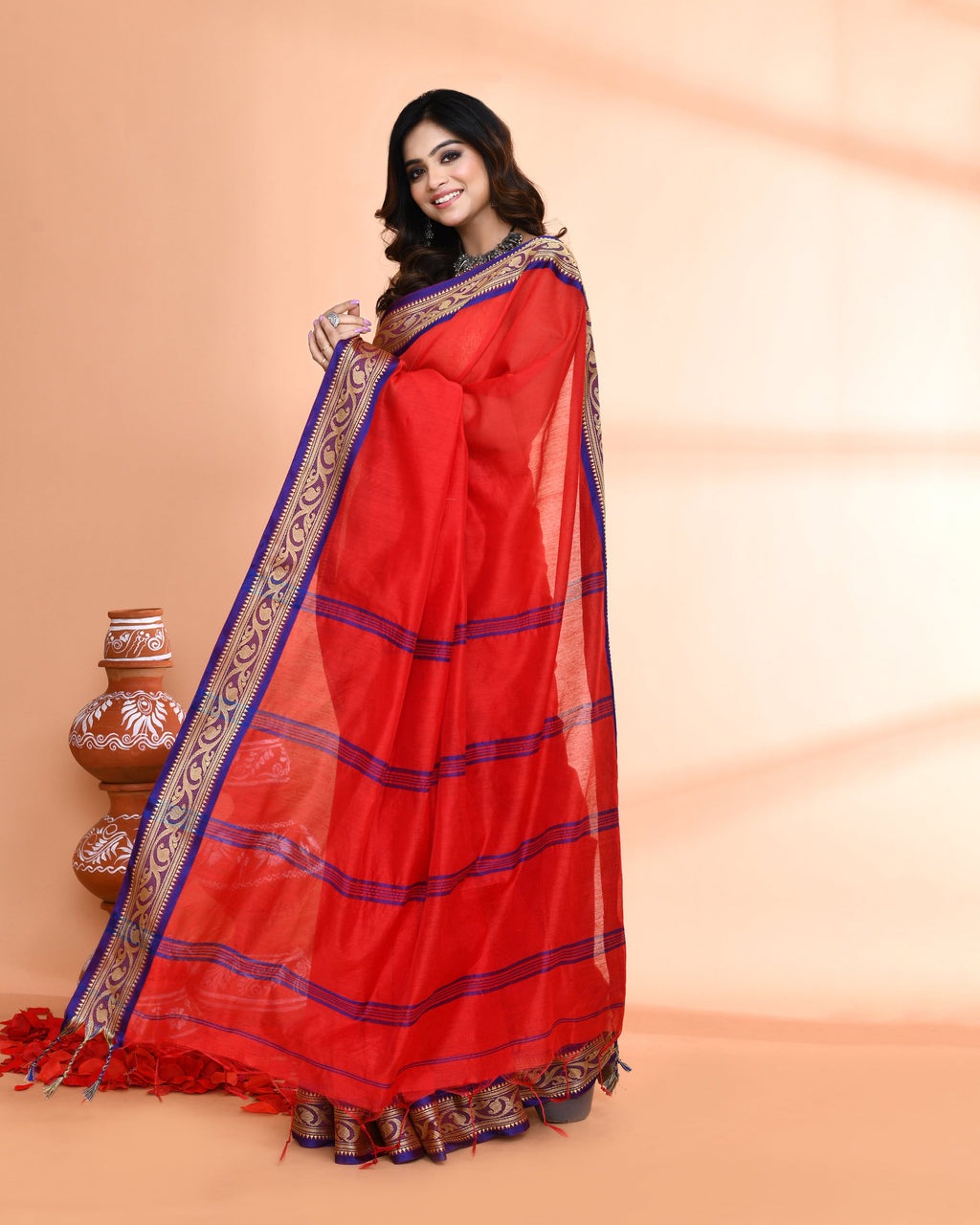 Piyari Fashion Women`s Cotton Silk Red Handloom Saree With Blouse - Distacart