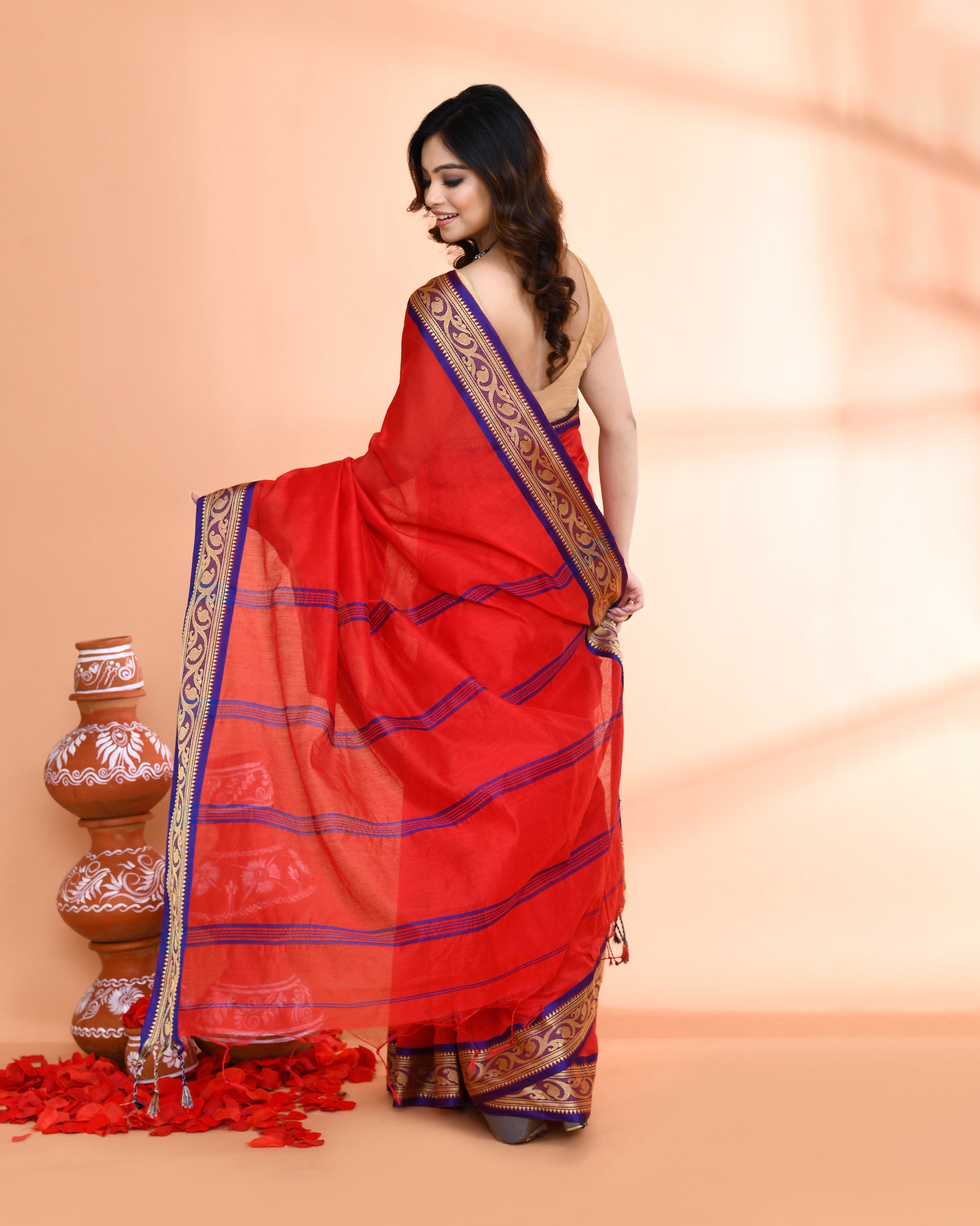 Piyari Fashion Women`s Cotton Silk Red Handloom Saree With Blouse - Distacart