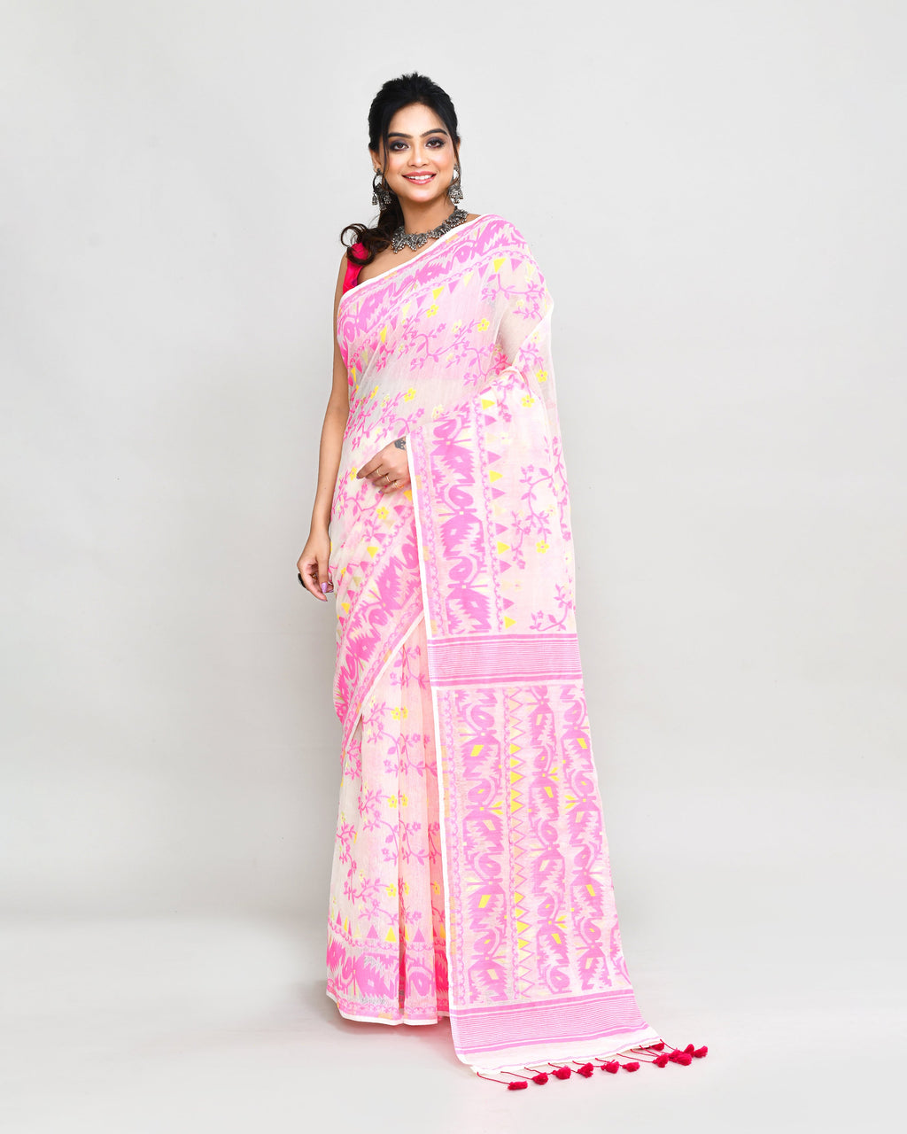 Piyari Fashion Women's Off White Pink Cotton Silk Jamdani Saree - Distacart