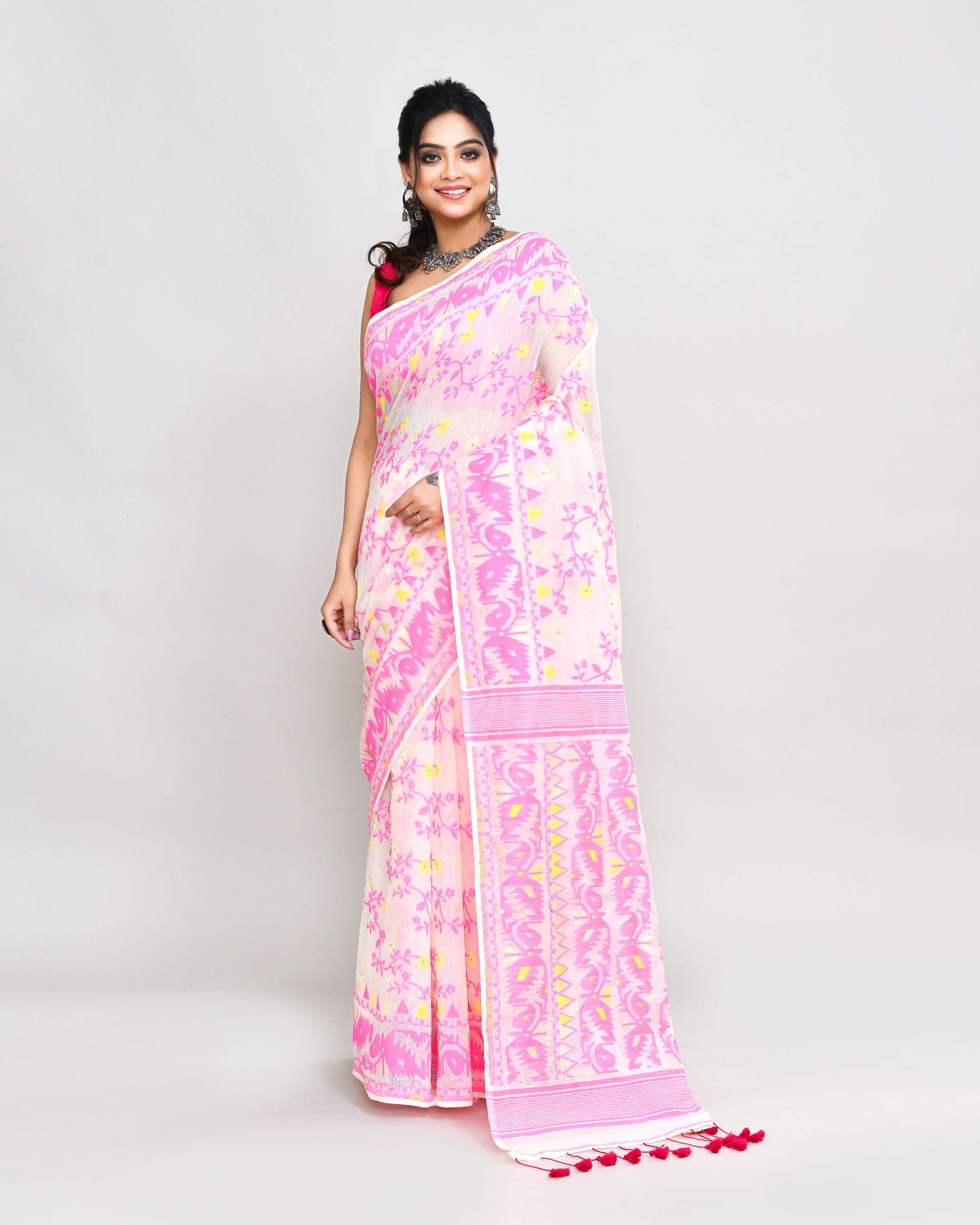 Piyari Fashion Women's Off White Pink Cotton Silk Jamdani Saree - Distacart