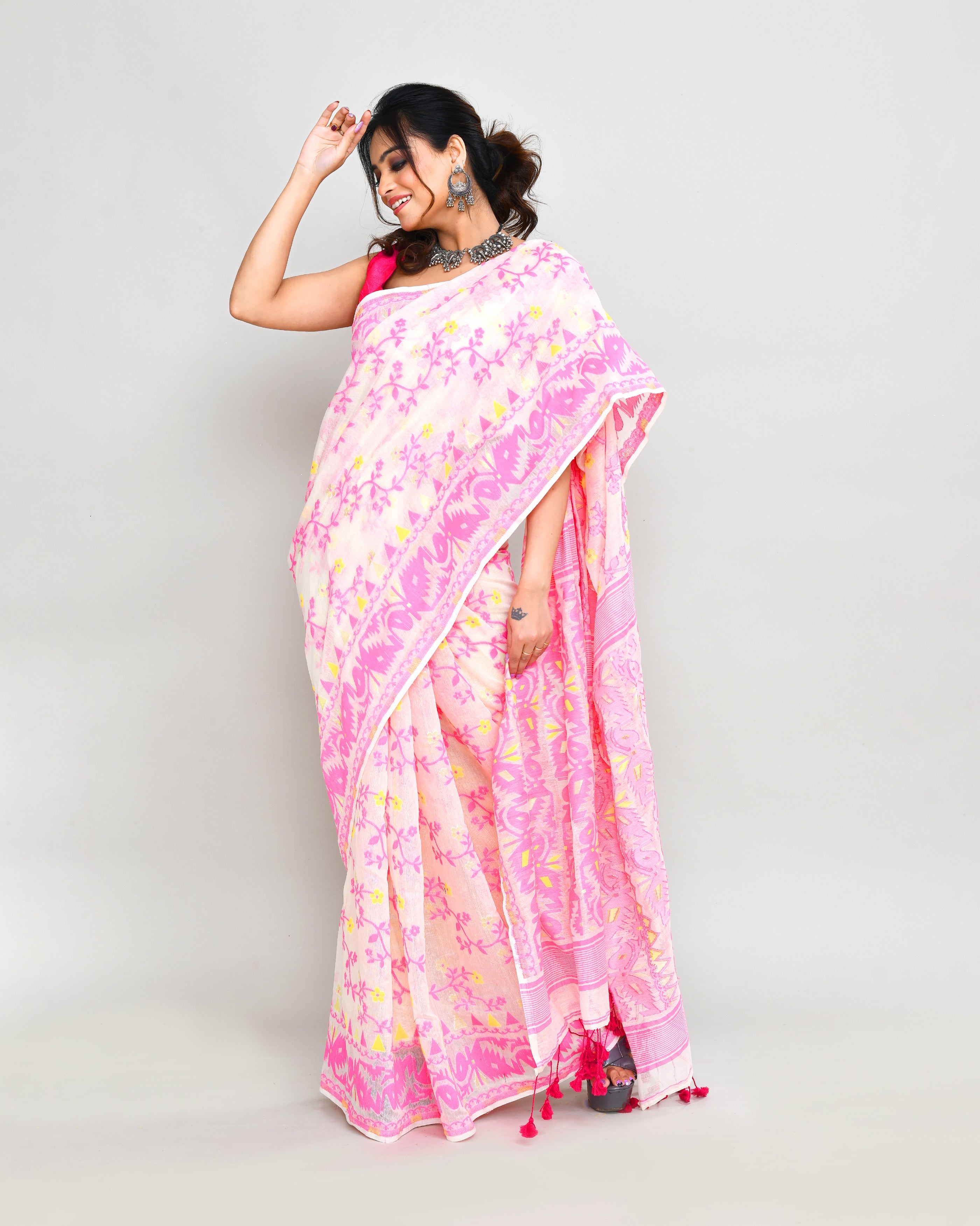 Piyari Fashion Women's Off White Pink Cotton Silk Jamdani Saree - Distacart