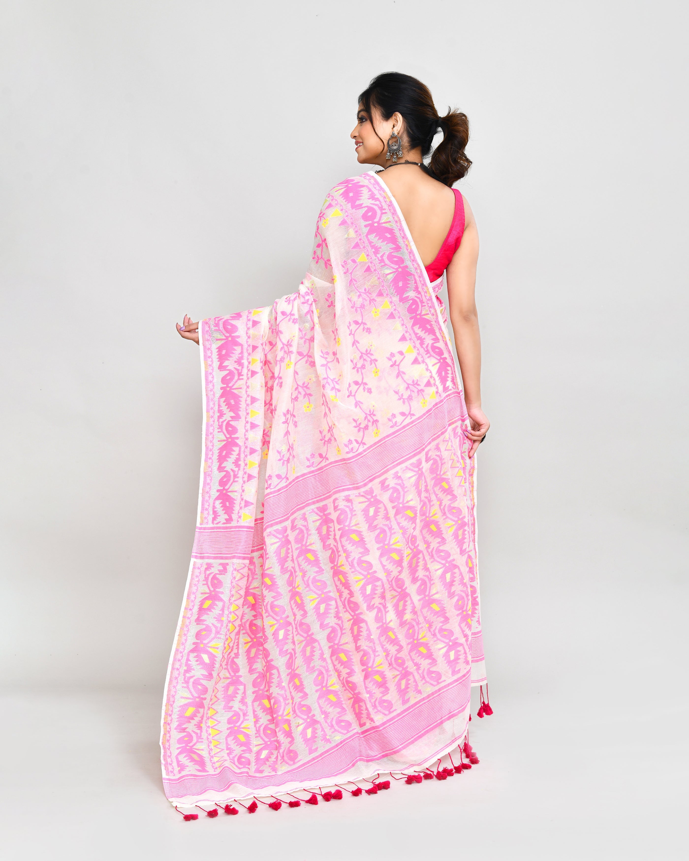 Piyari Fashion Women's Off White Pink Cotton Silk Jamdani Saree - Distacart