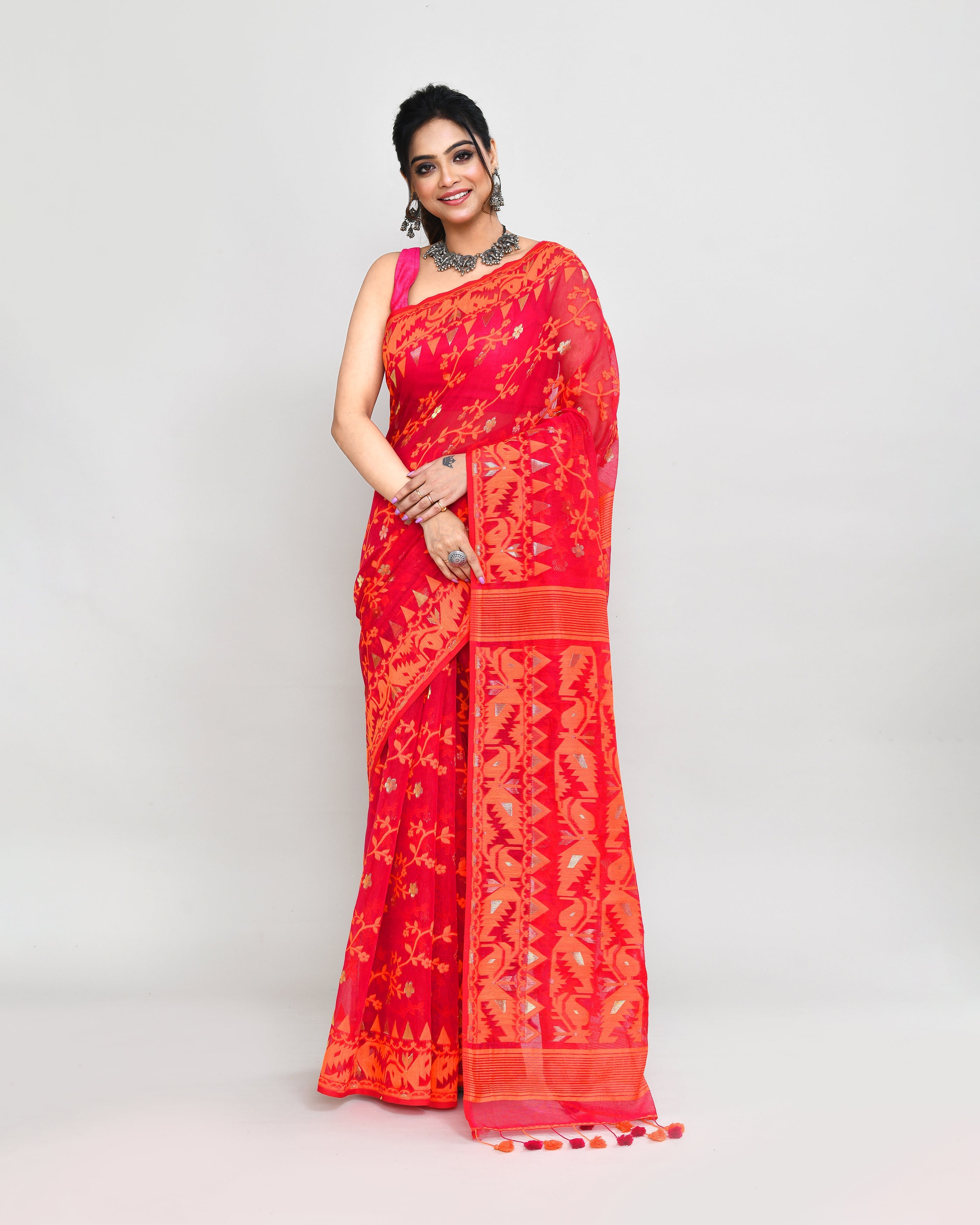 Piyari Fashion Women's Rani Orange Cotton Silk Jamdani Saree - Distacart