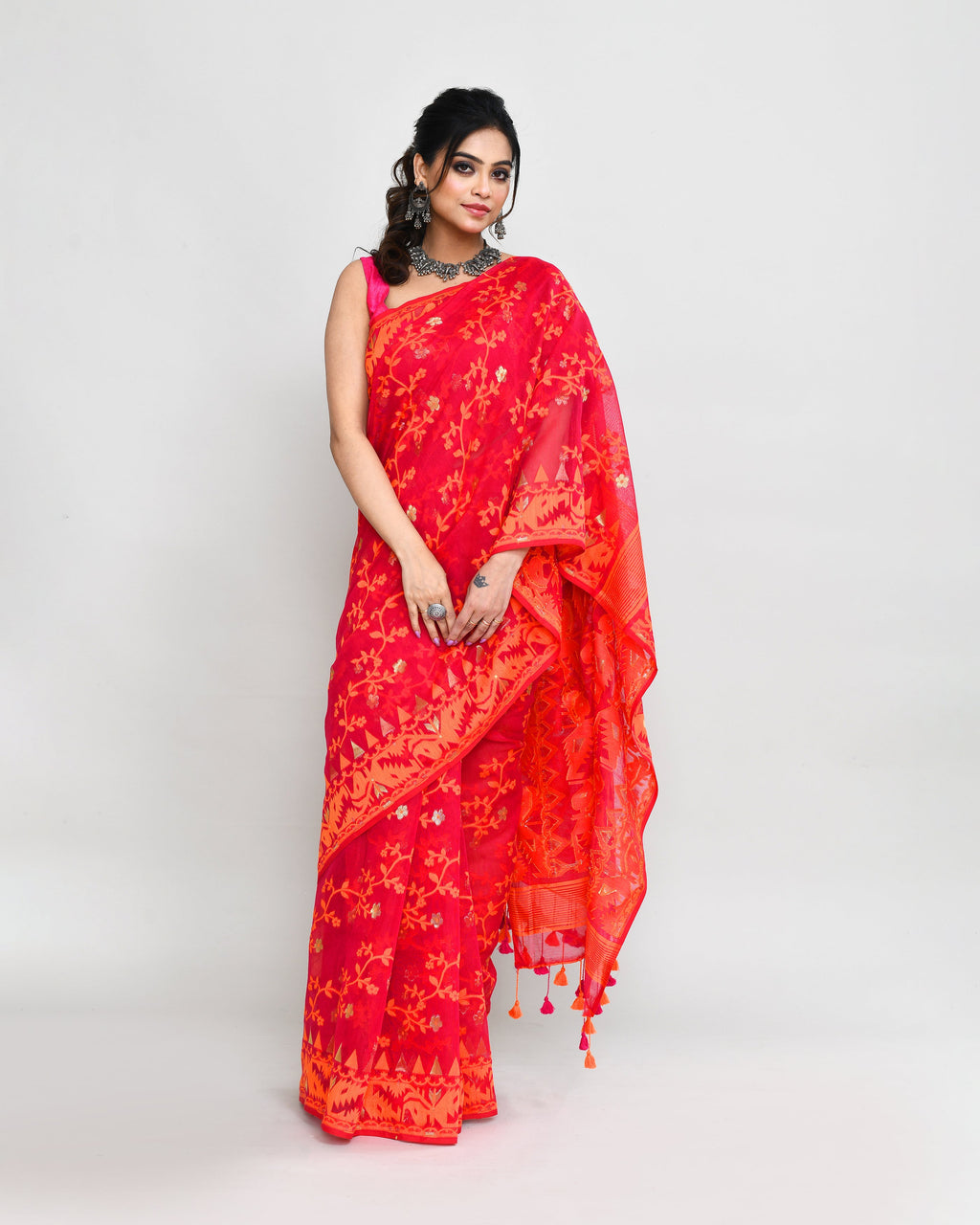 Piyari Fashion Women's Rani Orange Cotton Silk Jamdani Saree - Distacart