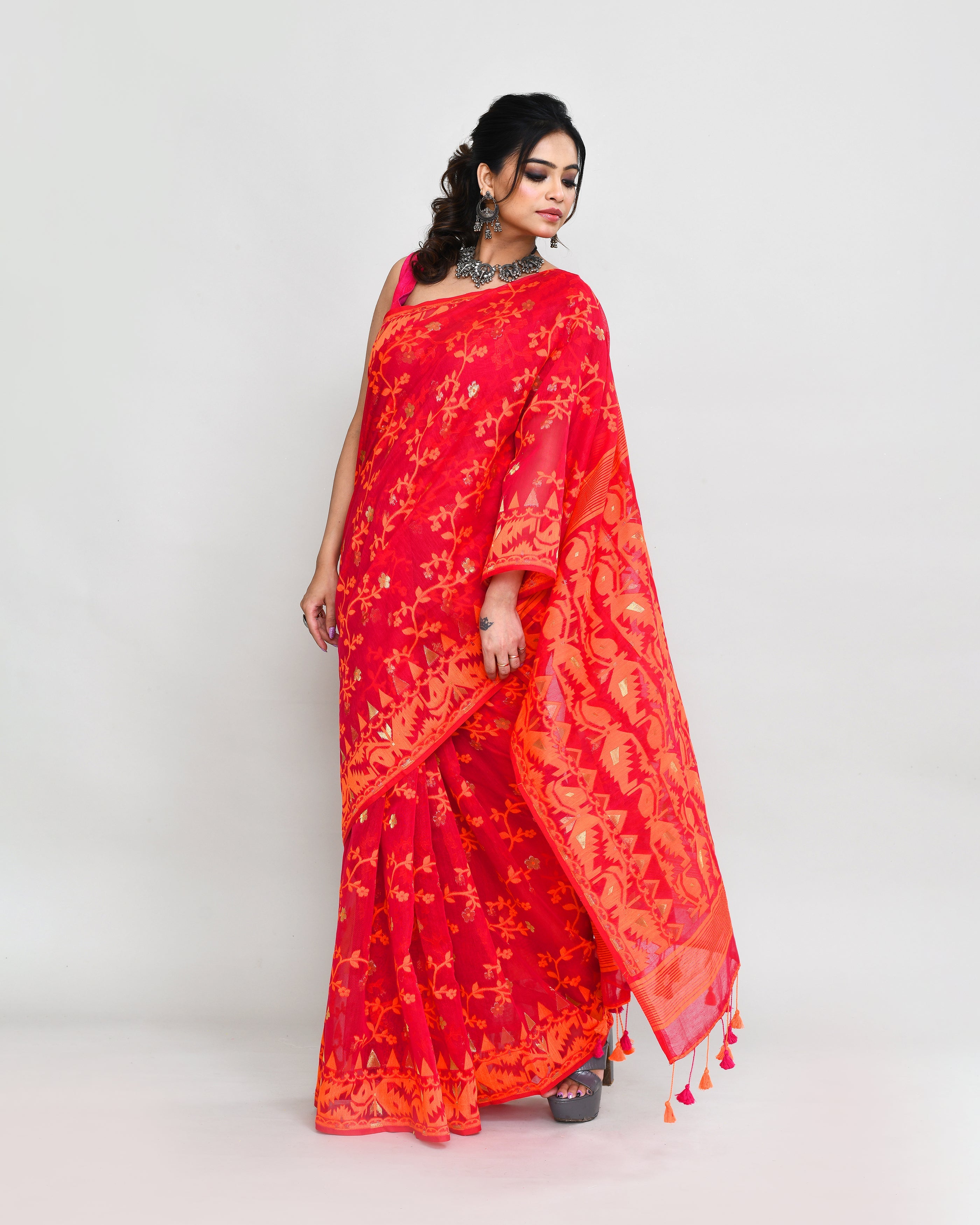 Piyari Fashion Women's Rani Orange Cotton Silk Jamdani Saree - Distacart