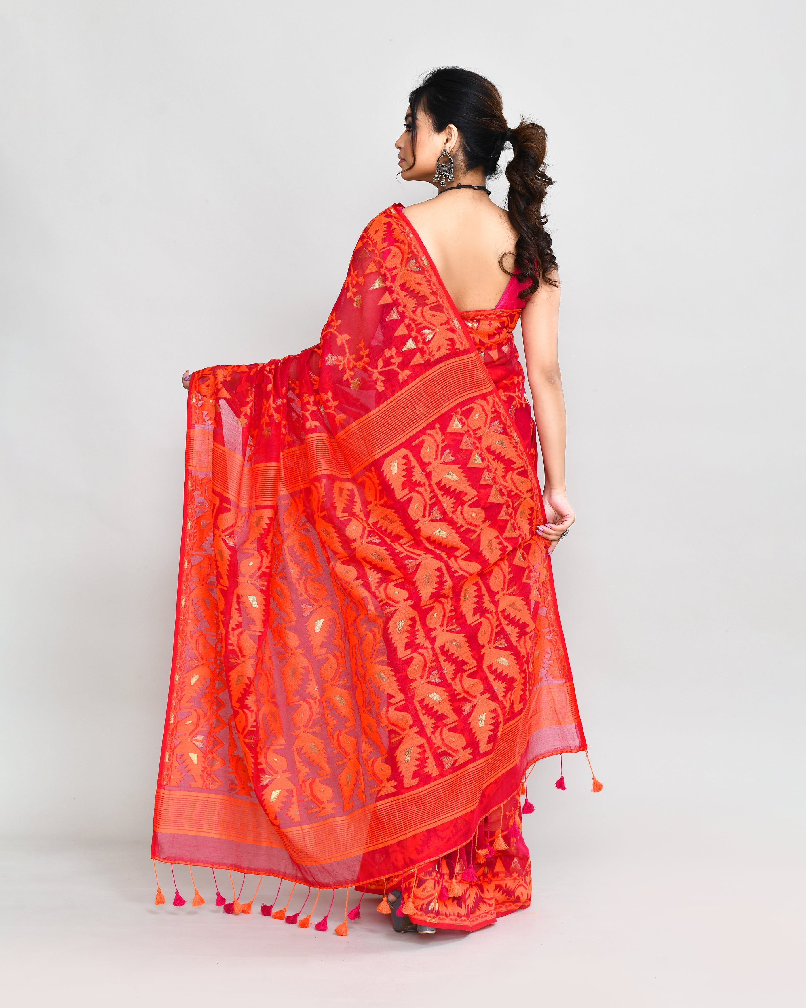 Piyari Fashion Women's Rani Orange Cotton Silk Jamdani Saree - Distacart