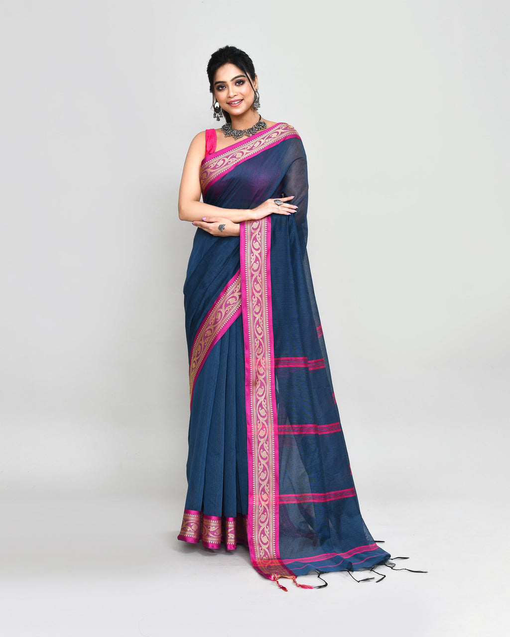 Piyari Fashion Women`s Cotton Silk Charcoal Handloom Saree With Blouse - Distacart