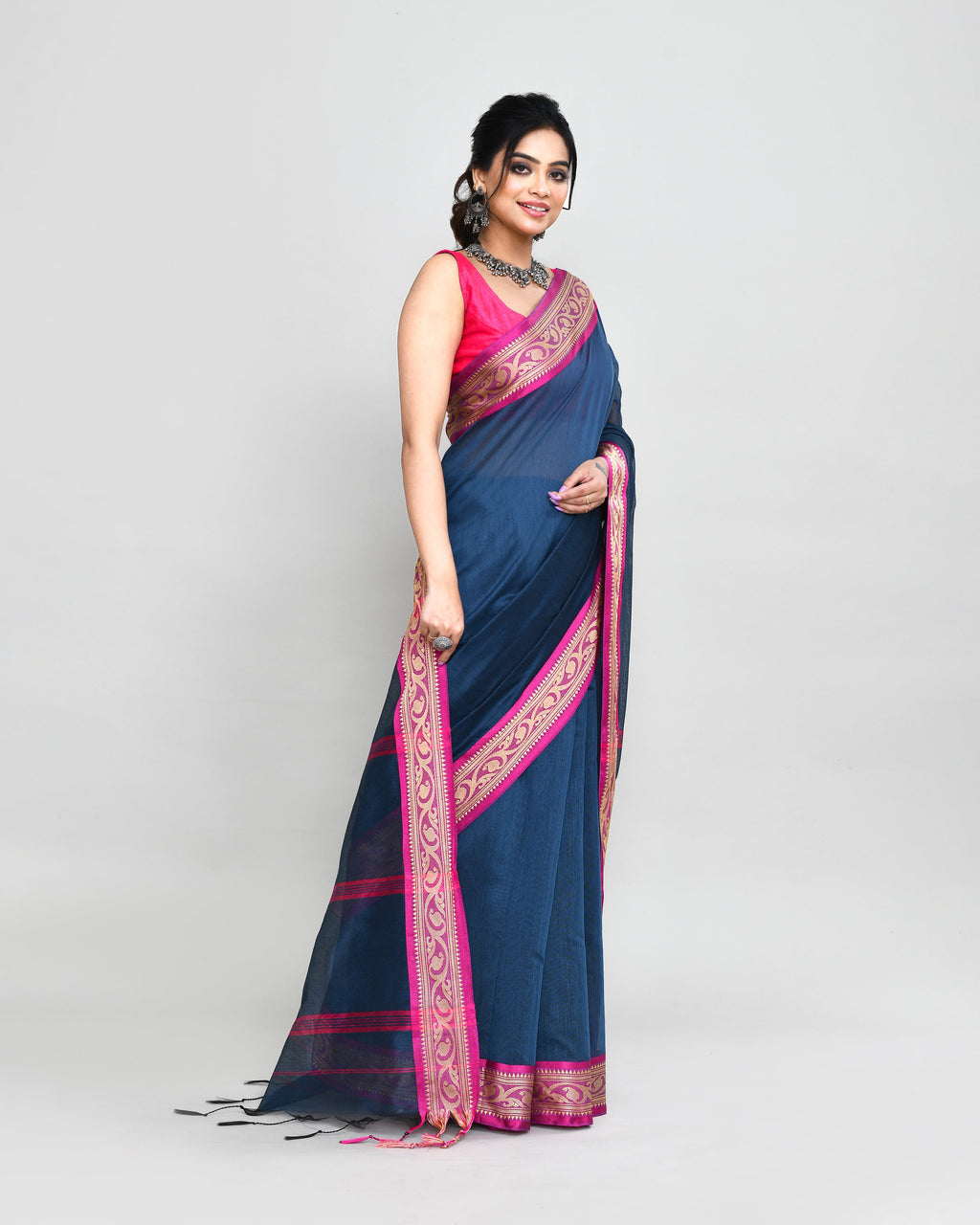 Piyari Fashion Women`s Cotton Silk Charcoal Handloom Saree With Blouse - Distacart