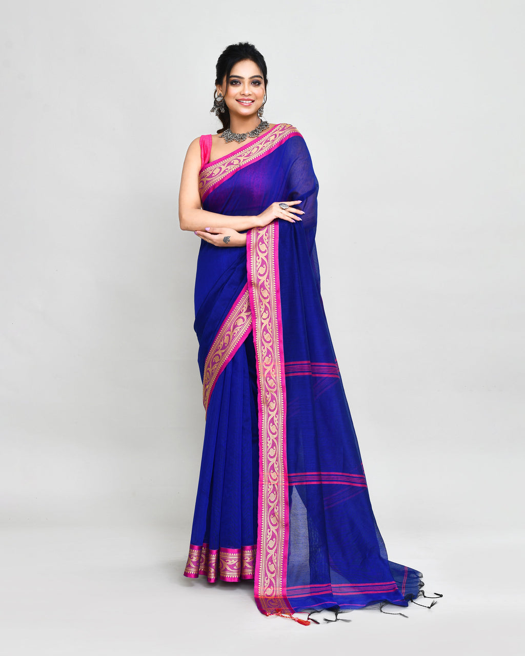 Piyari Fashion Women`s Cotton Silk Royel Blue Handloom Saree With Blouse - Distacart