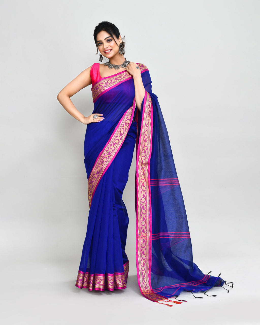 Piyari Fashion Women`s Cotton Silk Royel Blue Handloom Saree With Blouse - Distacart