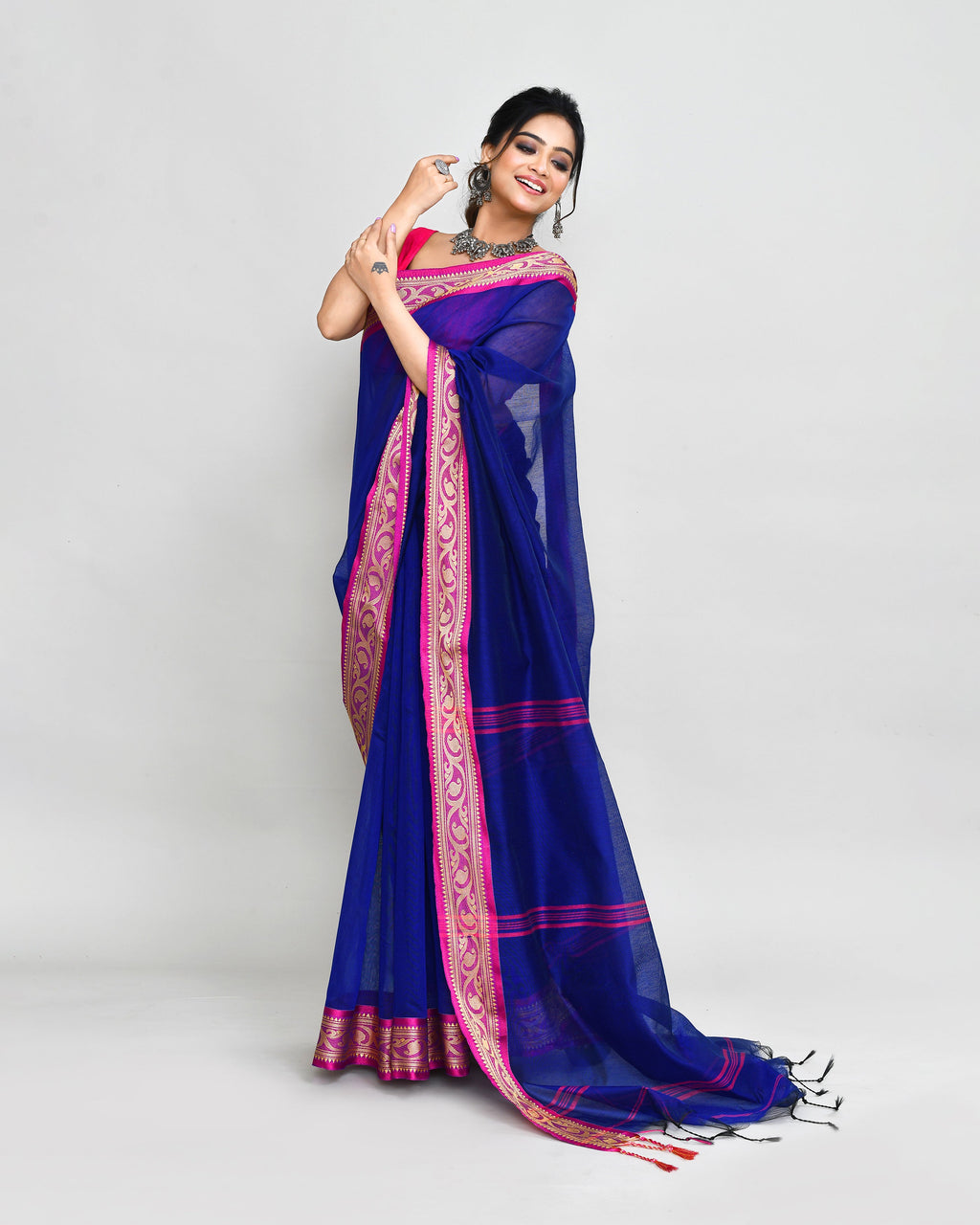Piyari Fashion Women`s Cotton Silk Royel Blue Handloom Saree With Blouse - Distacart