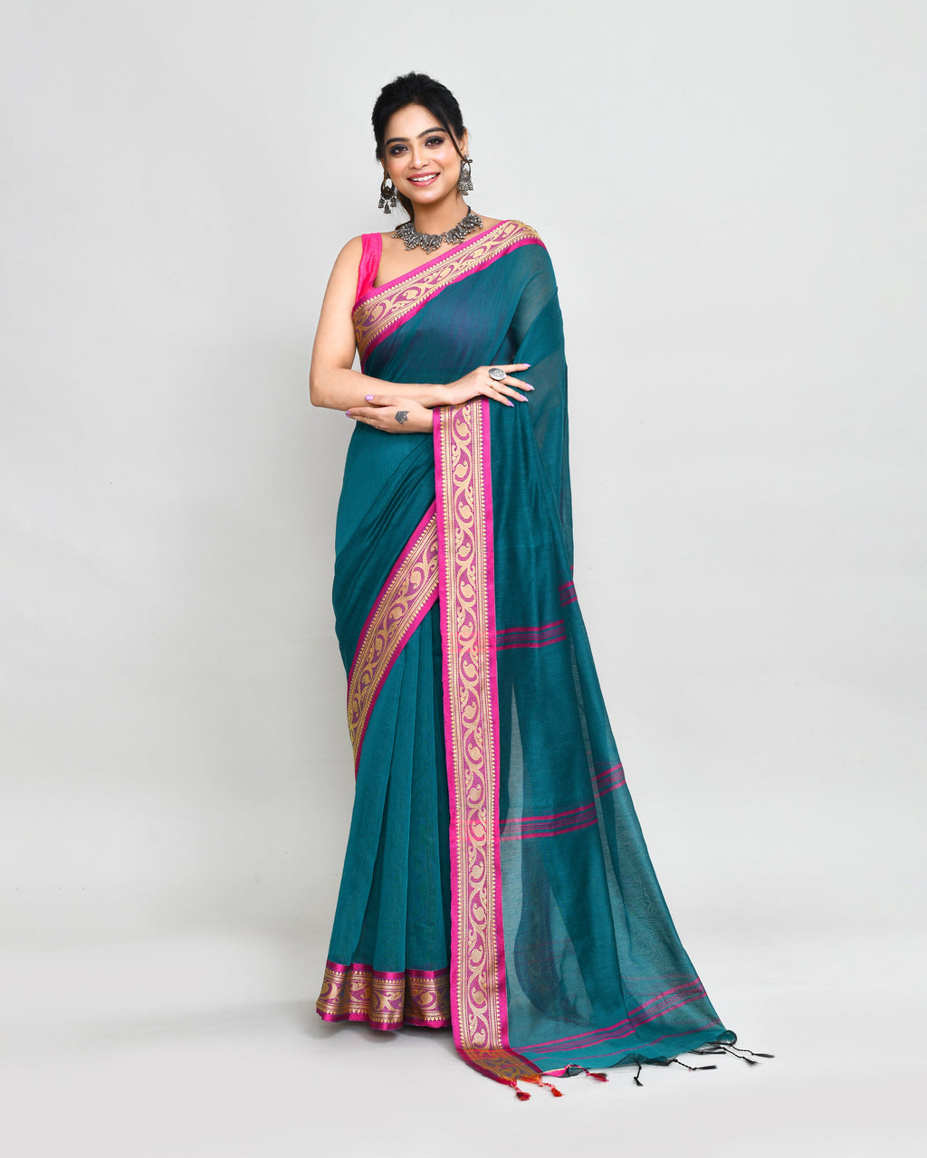 Piyari Fashion Women`s Cotton Silk Teal Handloom Saree With Blouse - Distacart