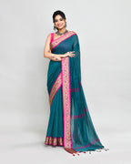 Piyari Fashion Women`s Cotton Silk Teal Handloom Saree With Blouse - Distacart