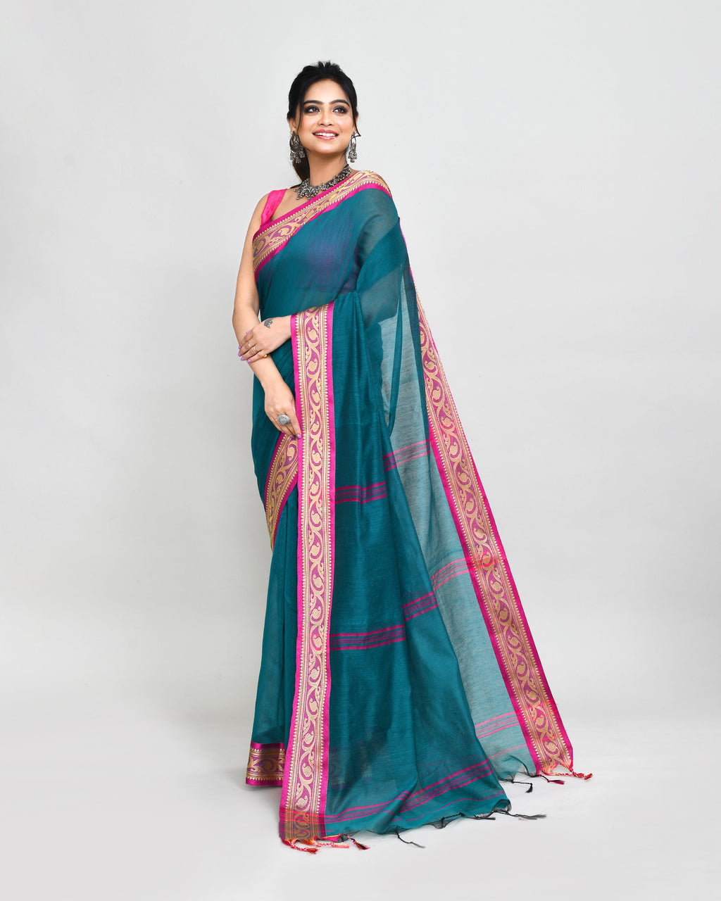 Piyari Fashion Women`s Cotton Silk Teal Handloom Saree With Blouse - Distacart