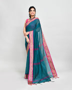 Piyari Fashion Women`s Cotton Silk Teal Handloom Saree With Blouse - Distacart