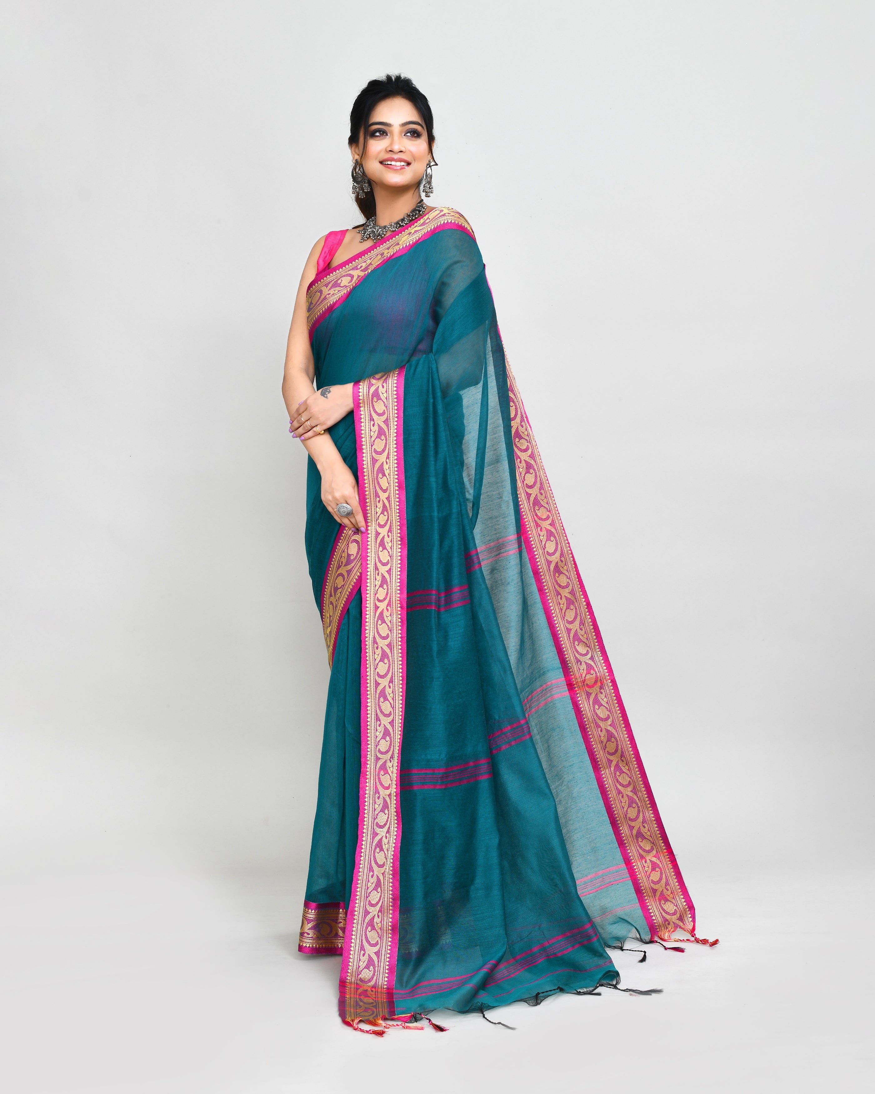 Piyari Fashion Women`s Cotton Silk Teal Handloom Saree With Blouse - Distacart