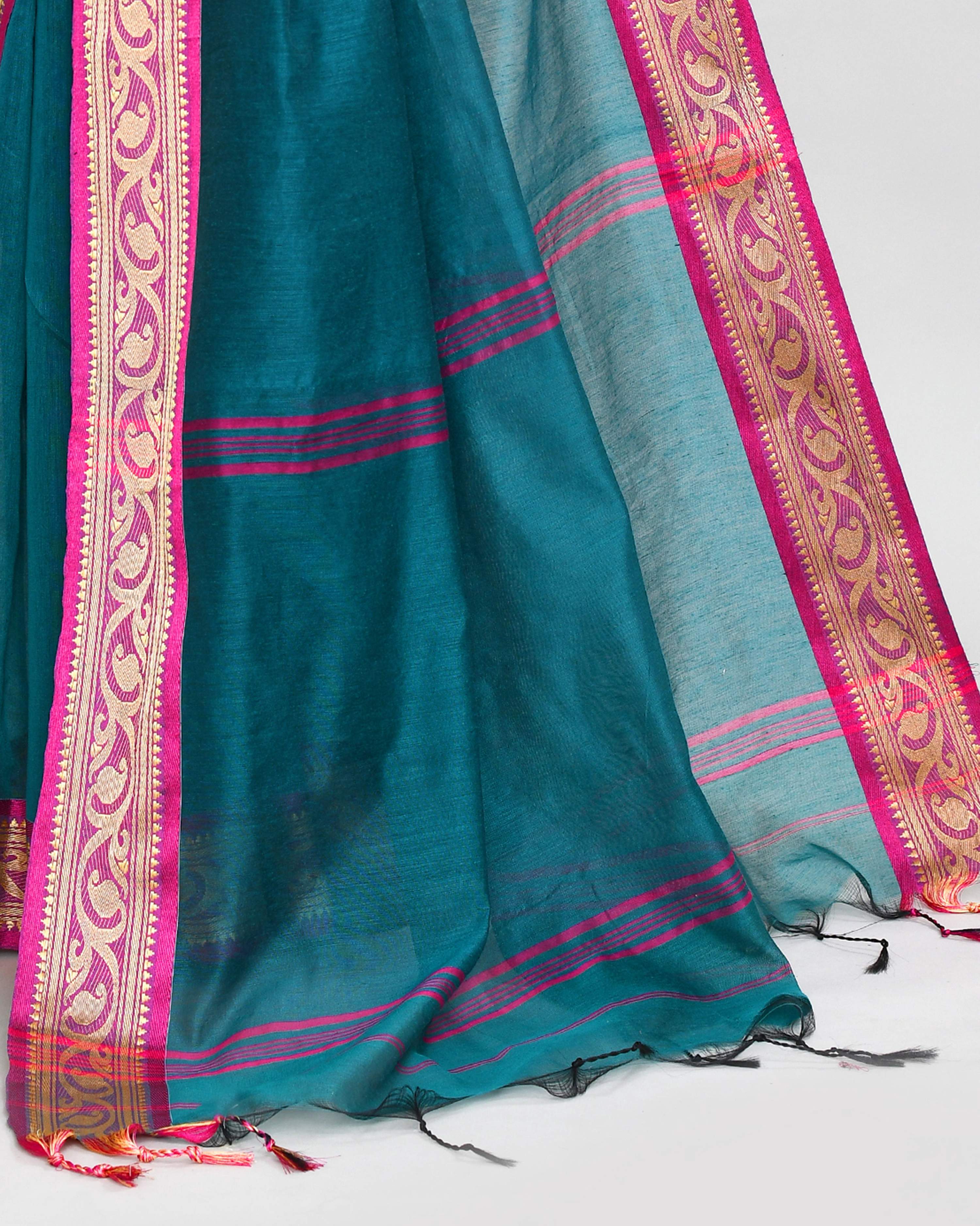 Piyari Fashion Women`s Cotton Silk Teal Handloom Saree With Blouse - Distacart