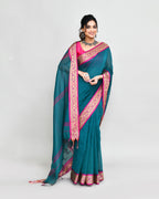 Piyari Fashion Women`s Cotton Silk Teal Handloom Saree With Blouse - Distacart