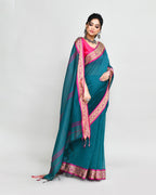Piyari Fashion Women`s Cotton Silk Teal Handloom Saree With Blouse - Distacart