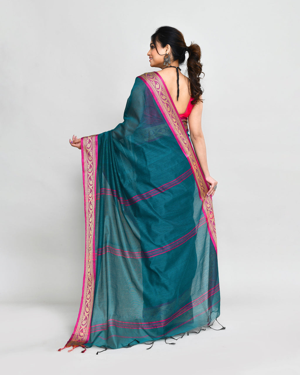 Piyari Fashion Women`s Cotton Silk Teal Handloom Saree With Blouse - Distacart