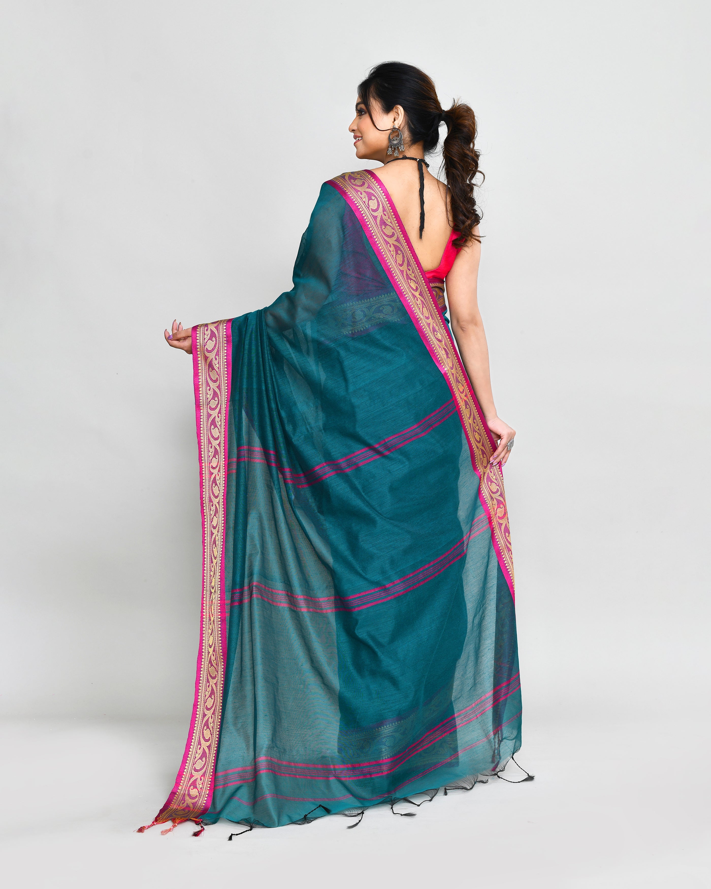 Piyari Fashion Women`s Cotton Silk Teal Handloom Saree With Blouse - Distacart