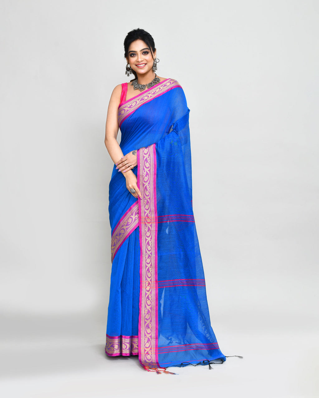 Piyari Fashion Women`s Cotton Silk Blue Handloom Saree With Blouse - Distacart