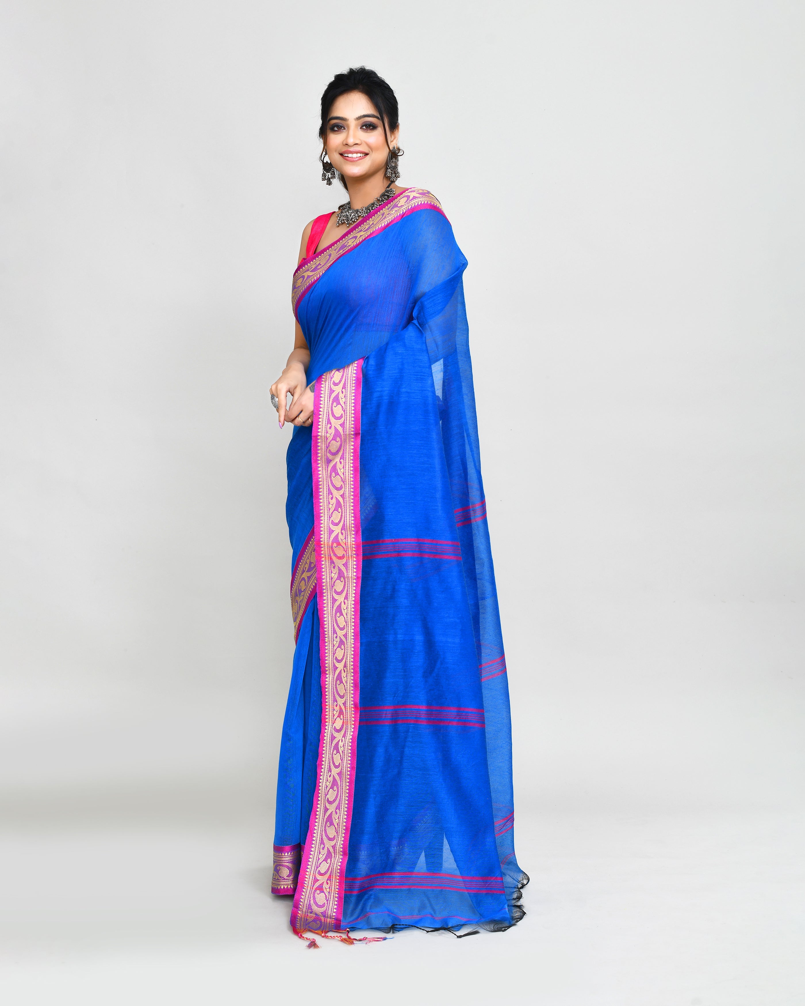 Piyari Fashion Women`s Cotton Silk Blue Handloom Saree With Blouse - Distacart