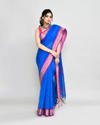 Piyari Fashion Women`s Cotton Silk Blue Handloom Saree With Blouse - Distacart