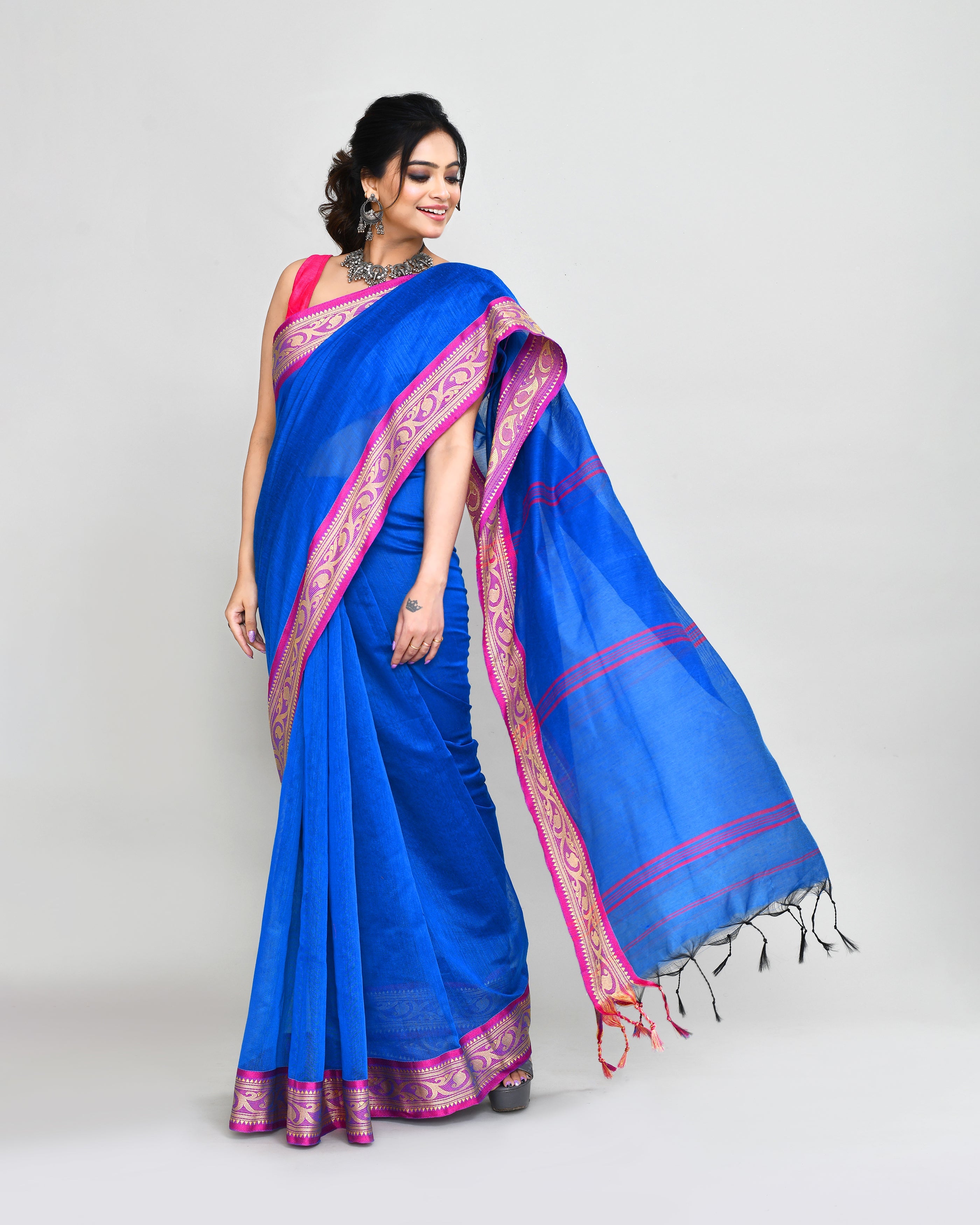 Piyari Fashion Women`s Cotton Silk Blue Handloom Saree With Blouse - Distacart