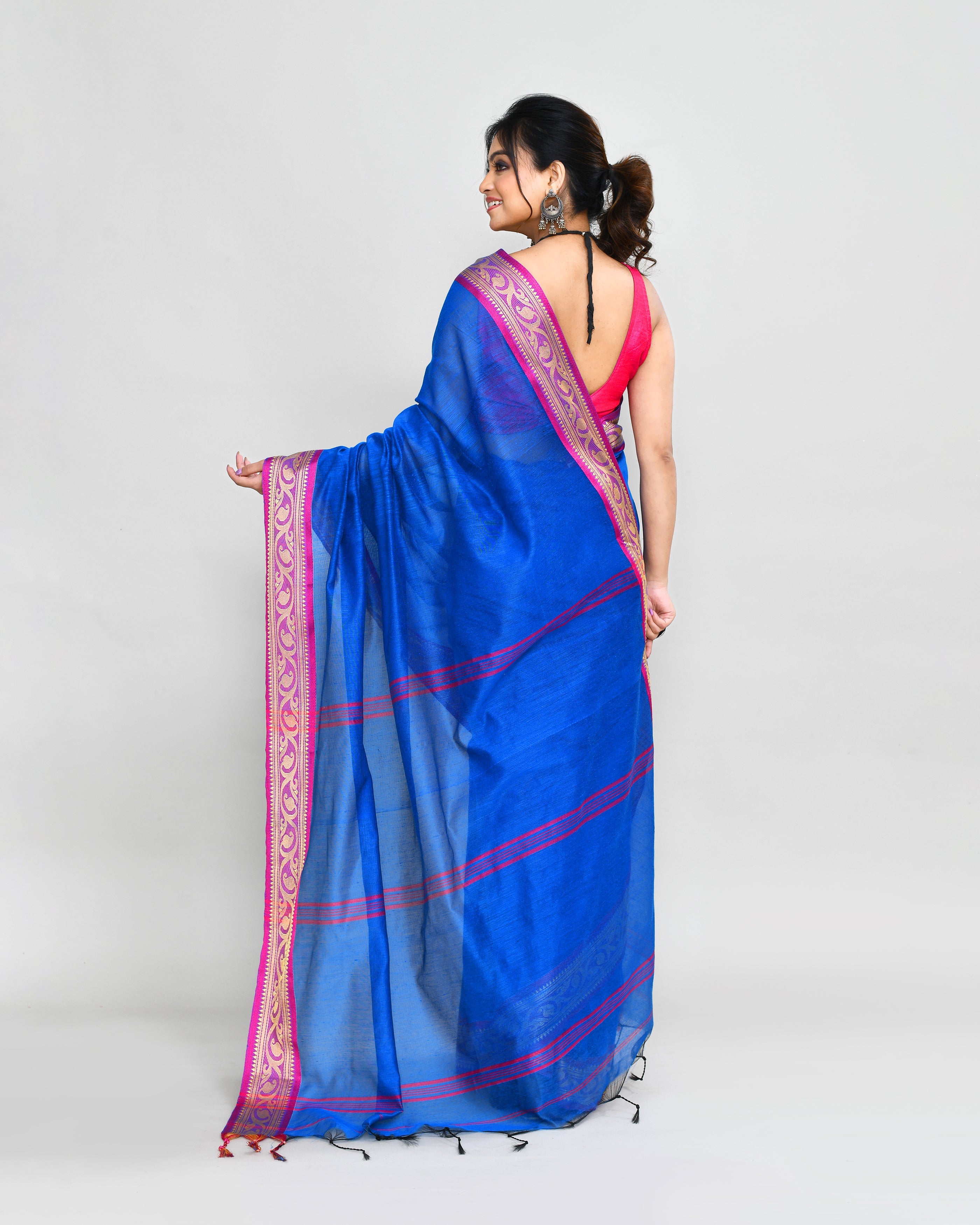 Piyari Fashion Women`s Cotton Silk Blue Handloom Saree With Blouse - Distacart