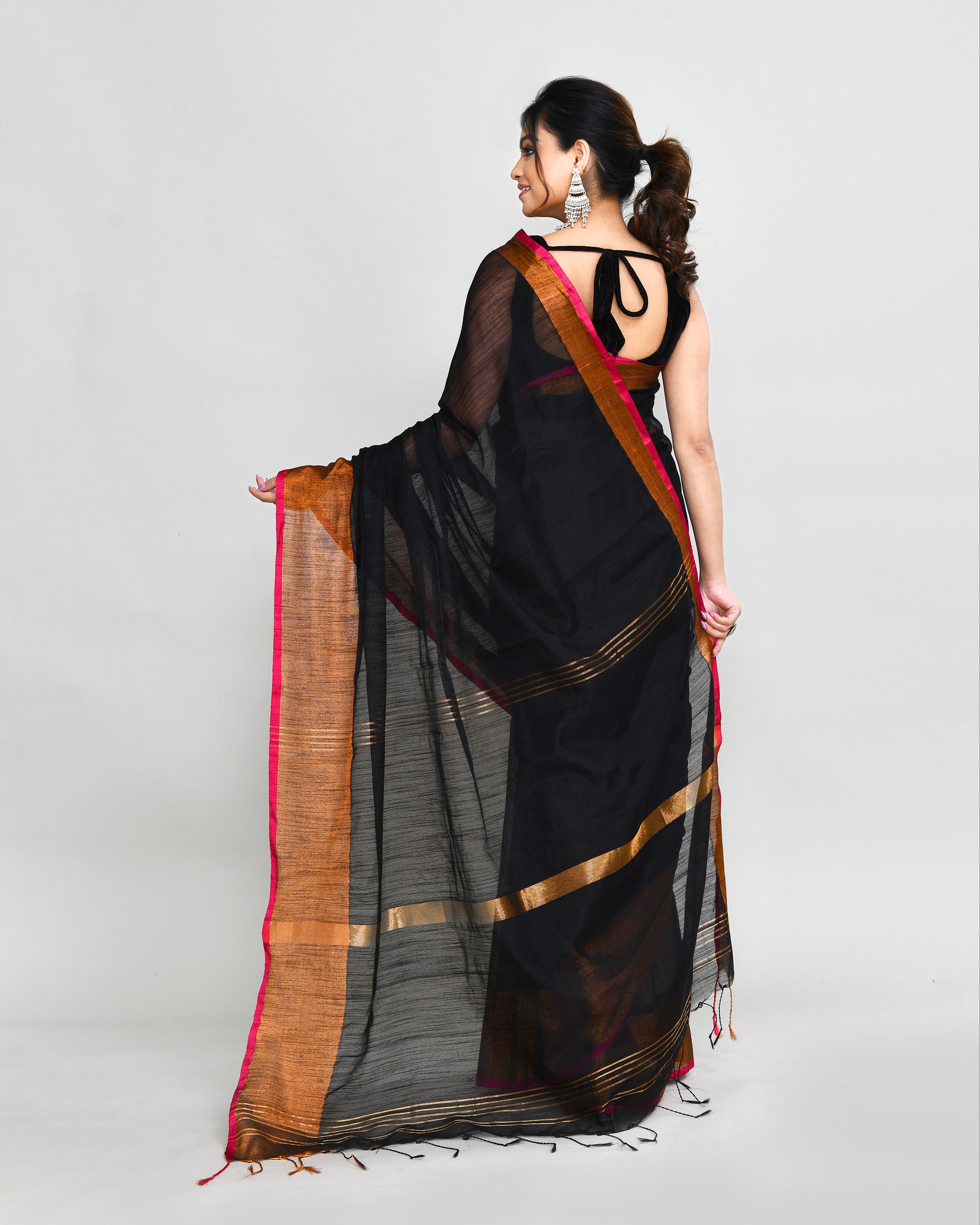 Piyari Fashion Women`s Cotton Silk Black Handloom Saree With Blouse - Distacart