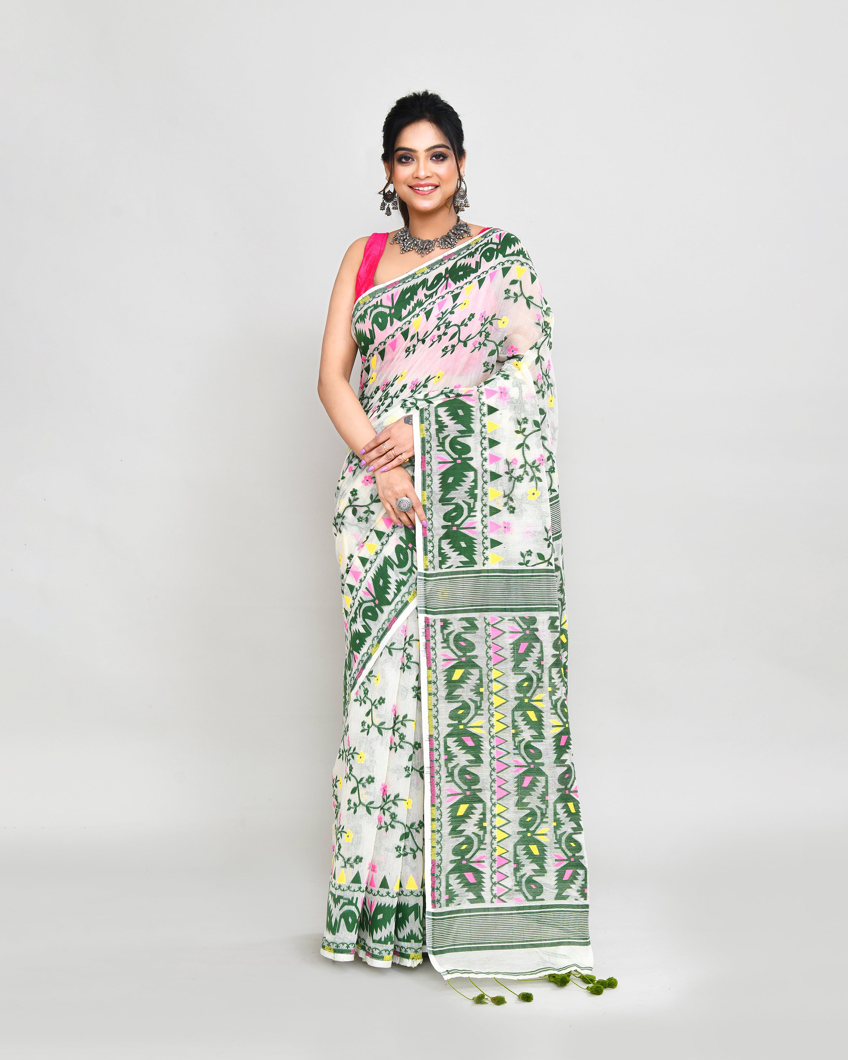 Piyari Fashion Women's Off White Green Cotton Silk Jamdani Saree - Distacart