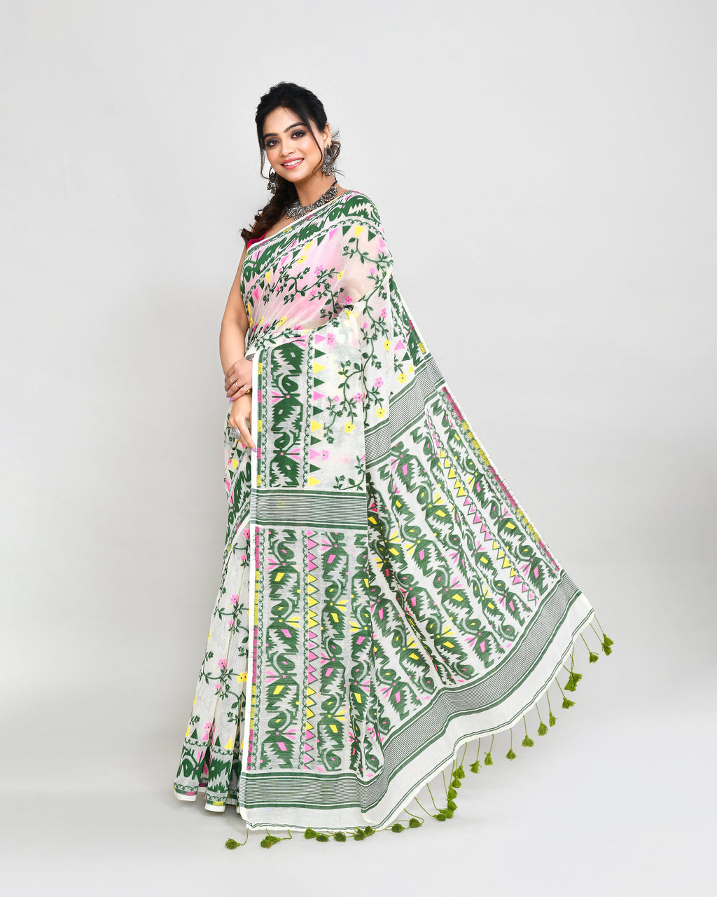 Piyari Fashion Women's Off White Green Cotton Silk Jamdani Saree - Distacart